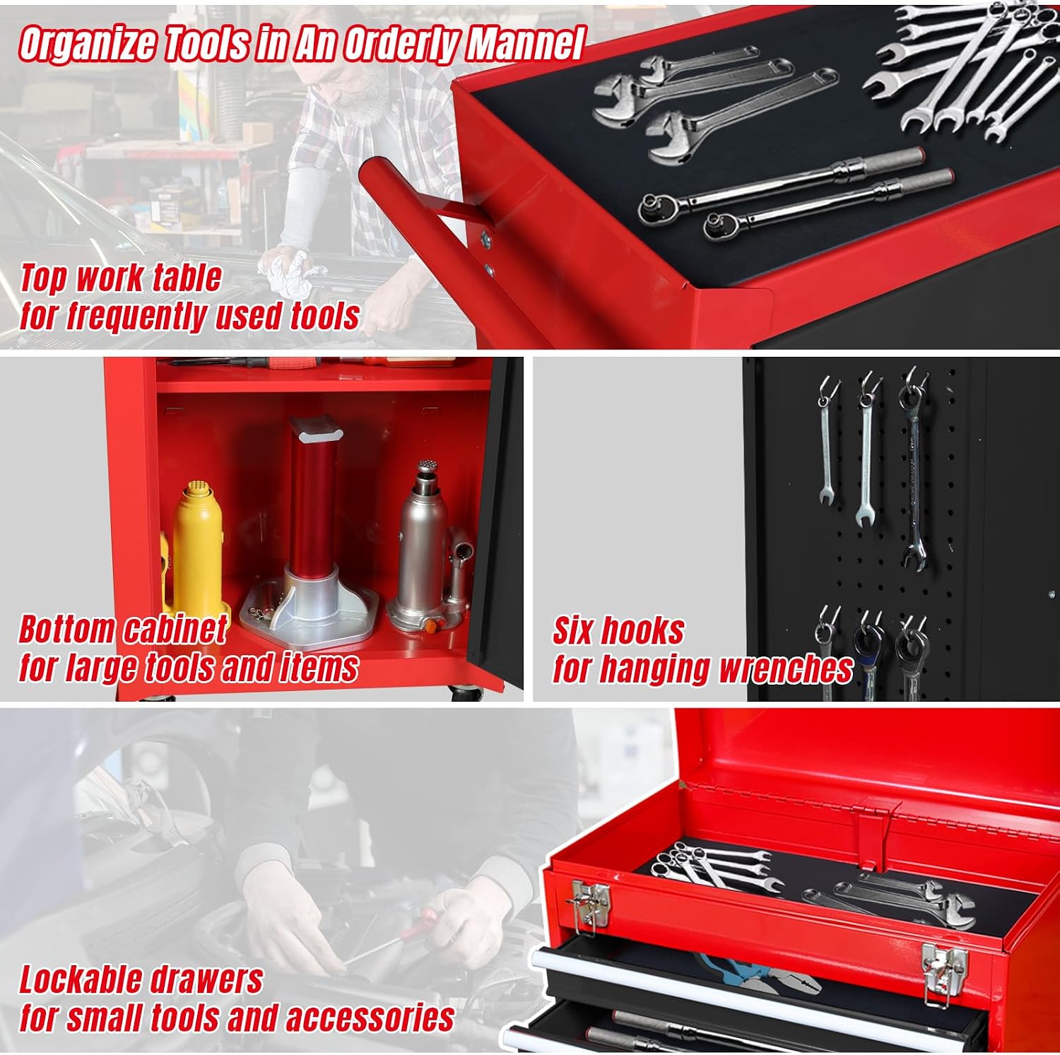 Road DAWG ATBT1204D-Red Torin Rolling Garage Workshop Tool Organizer: Detachable 4 Drawer Tool Chest with Large Storage Cabinet and Adjustable Shelf