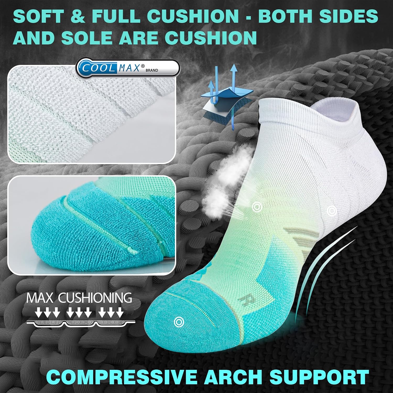 Hylaea Unisex Coolmax No Show Athletic Running Socks, Cushioned No Blisters