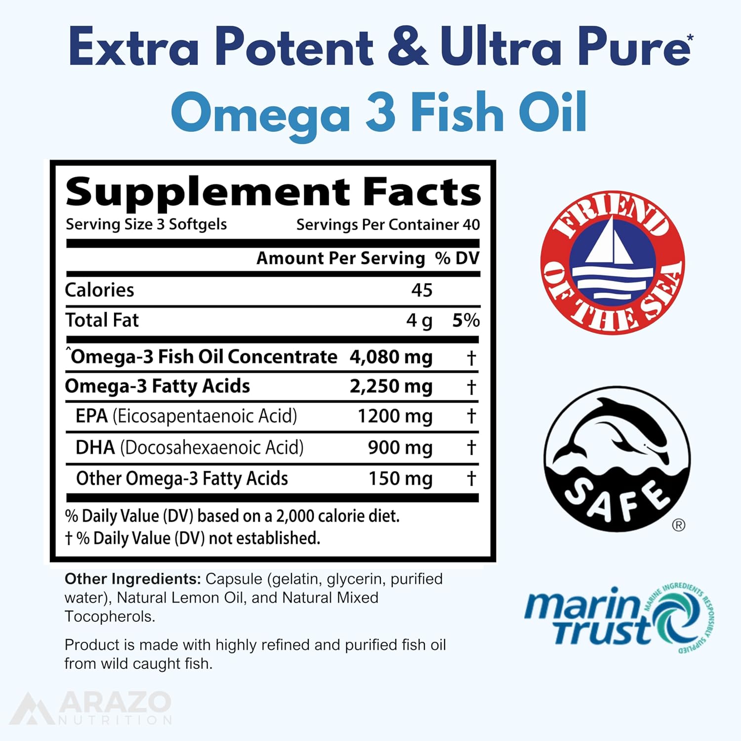 Arazo Nutrition Wild Caught Omega-3 Fish Oil Concentrate – 4,080mg per Serving – High EPA 1200mg & DHA 900mg – 120 Burpless Lemon Softgels