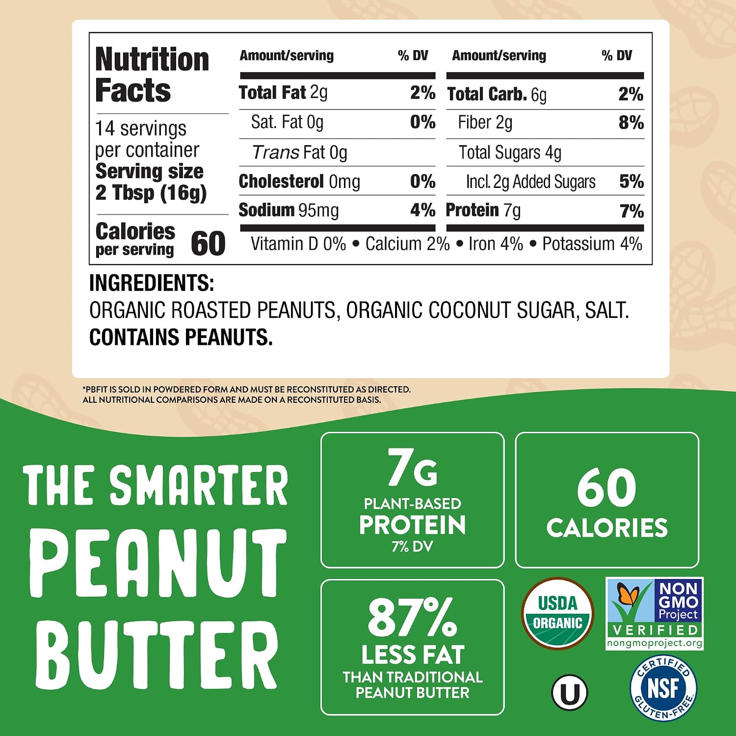 PBfit 30 Ounce Organic Peanut Butter Powder, Powdered Peanut Spread from Real Roasted Pressed Peanuts, 7g of Protein 7% DV, Gluten-Free, 60 calories, 87% less fat (Pack of 1)