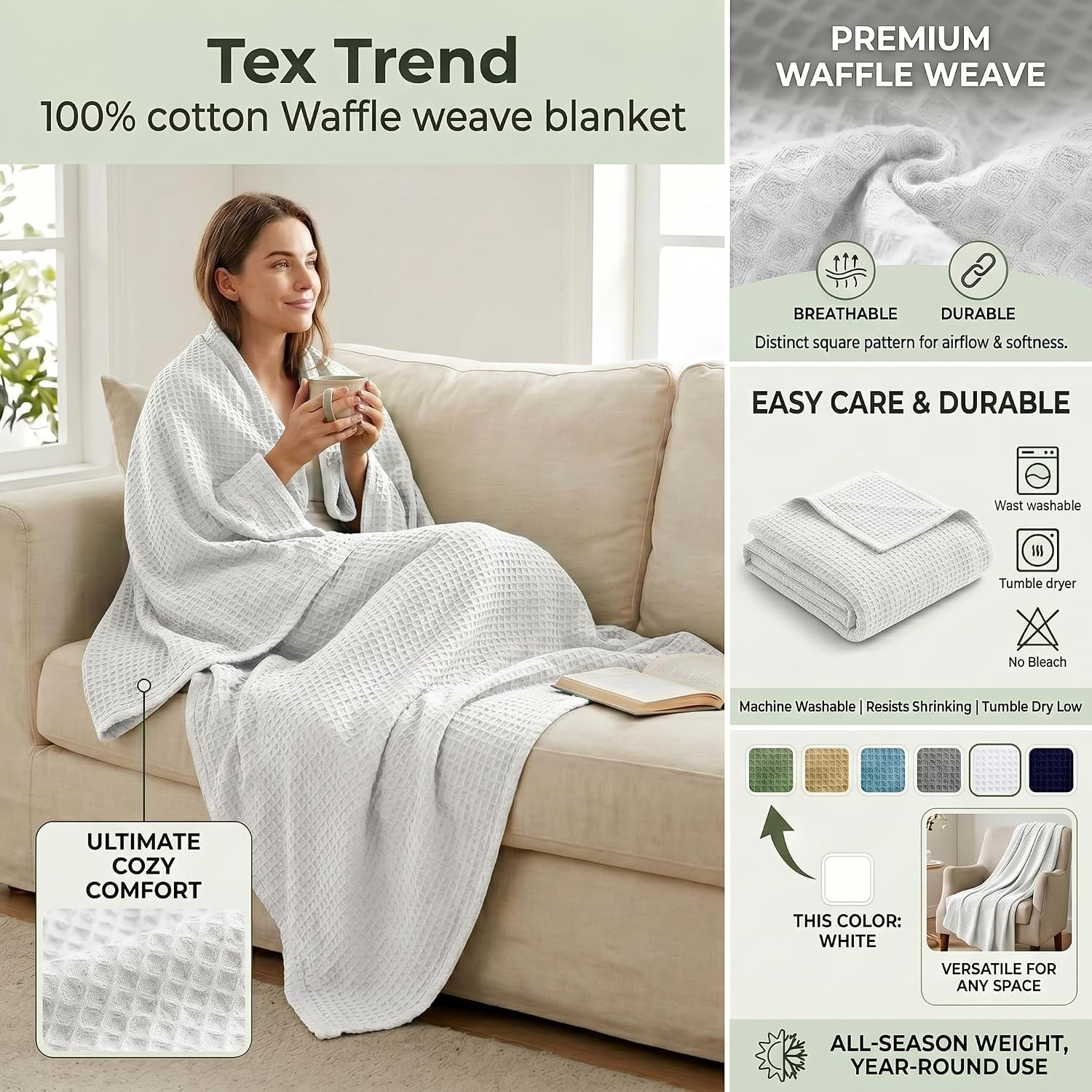 Tex Trend 100% Cotton Waffle Weave Blanket Queen Size - Soft, Breathable Cooling Blanket for Bed, Lightweight Cozy Summer & Spring Bedding, Grey, 90x90