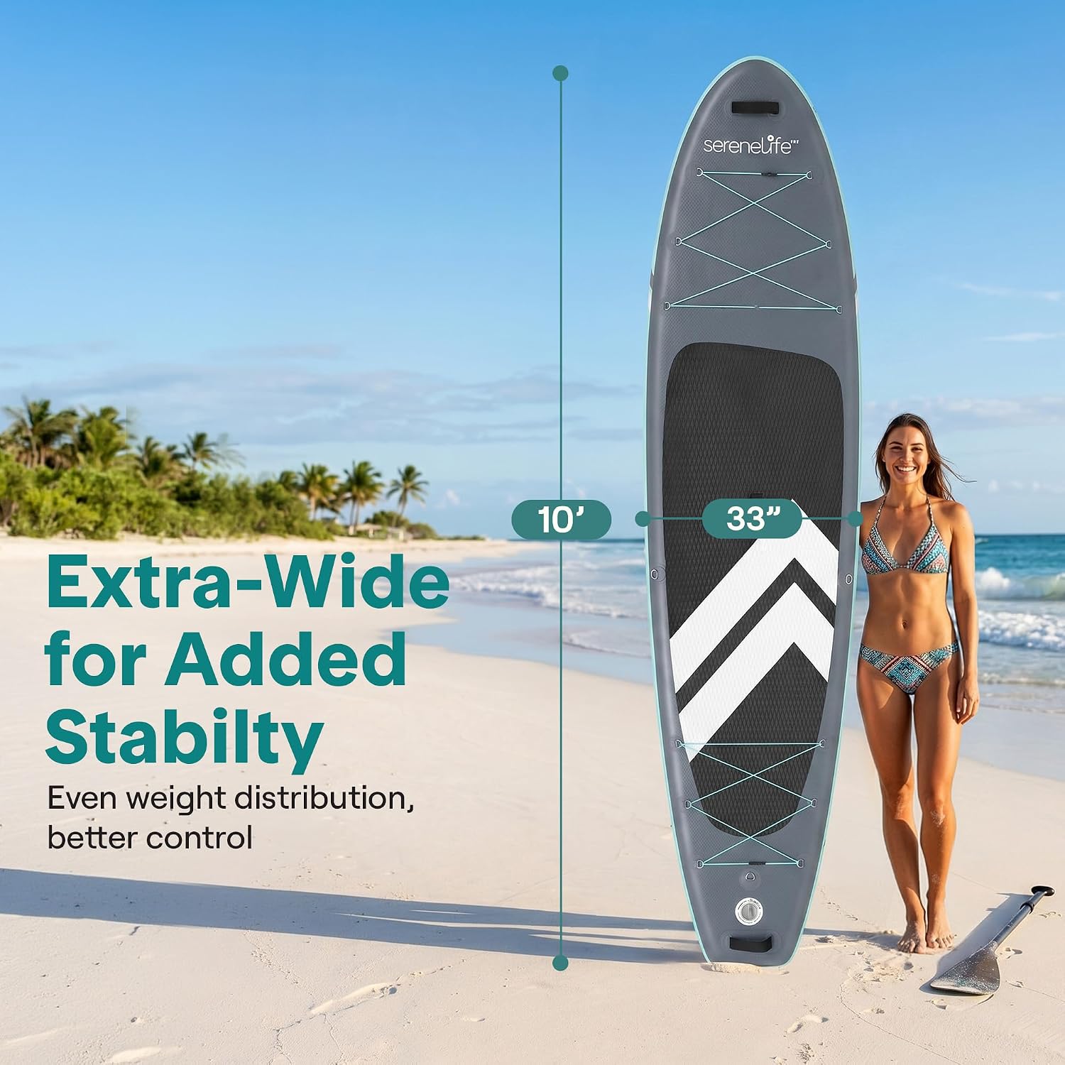 SereneLife 10’ Inflatable Stand Up Paddle Board with Premium SUP Accessories - Wide Stable Design with Non-Slip EVA Deck Pad, for Youth and Adults, 350 lbs. Capacity