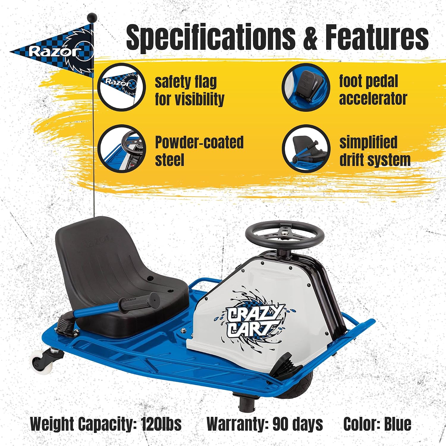 Razor Crazy Cart – 12 MPH (19 KMH) Ultimate Drifting Machine with 40 Min Ride Time, High-Torque Motor and Pro-Style Drift Bar for Extreme Fun, Ages 9+ | 250W Motor, Up to 12 Mph, 40-Min Run Time, Foot Pedal Throttle, High-Impact Pneumatic Front Tire & Re…