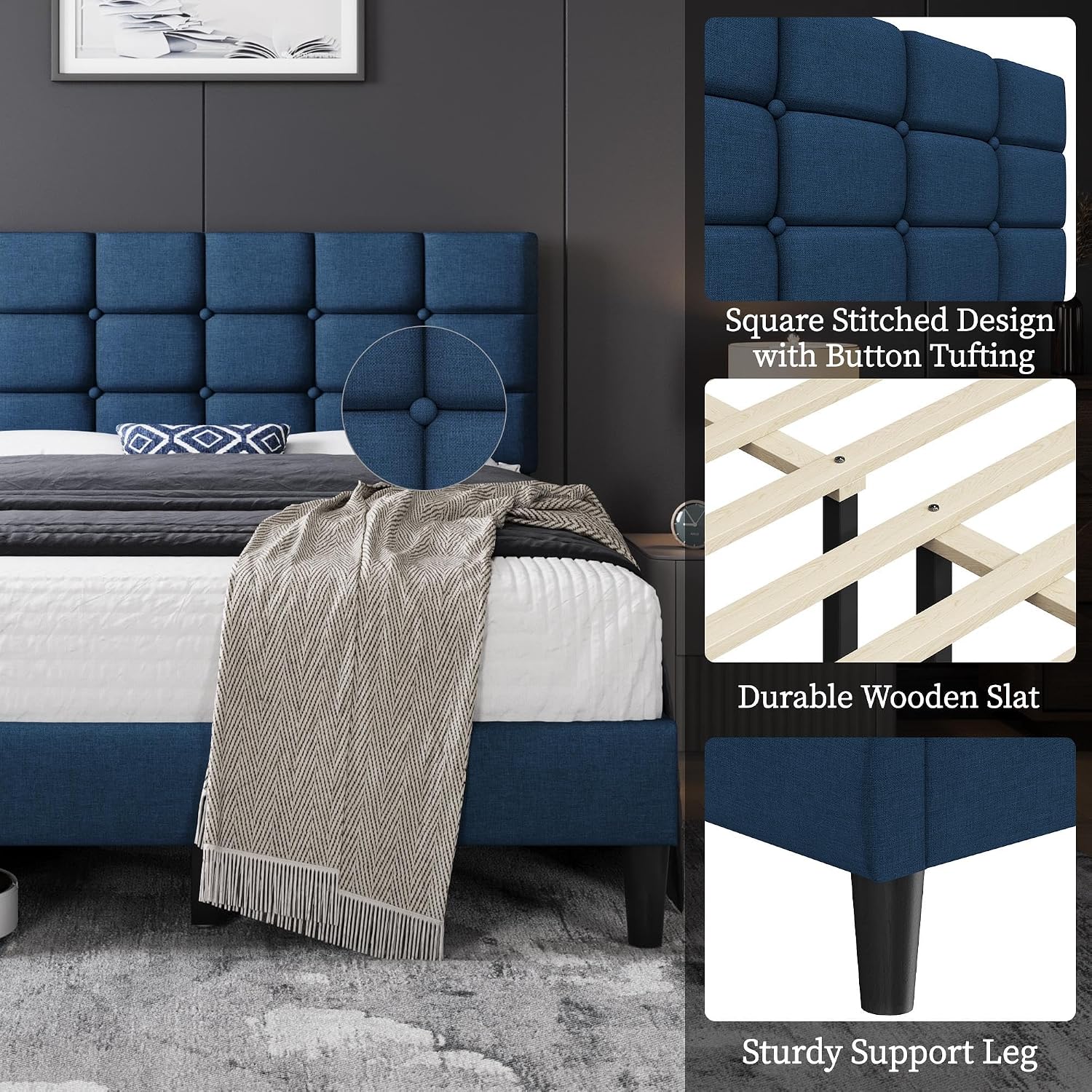 Yaheetech Full Size Upholstered Tufted Bed Frame with Headboard, Dark Gray | Sturdy engineered wood frame with linen fabric upholstery features a soft tufted headboard for easy assembly and support