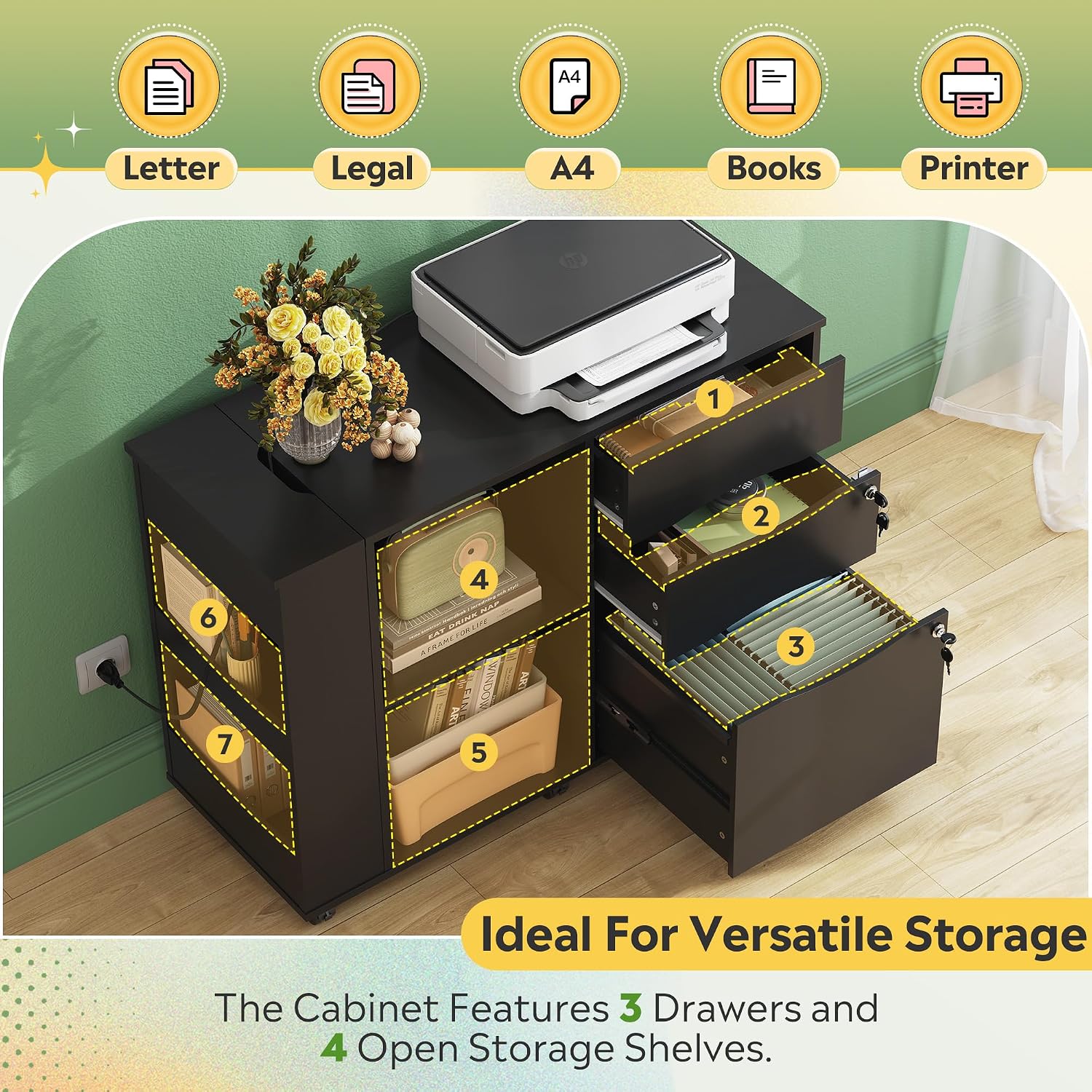 DEVAISE File Cabinet with Lock, Printer Stand with Charging Station Black | Lateral Mobile Filing Cabinets, Lock & Open Storage Shelves
