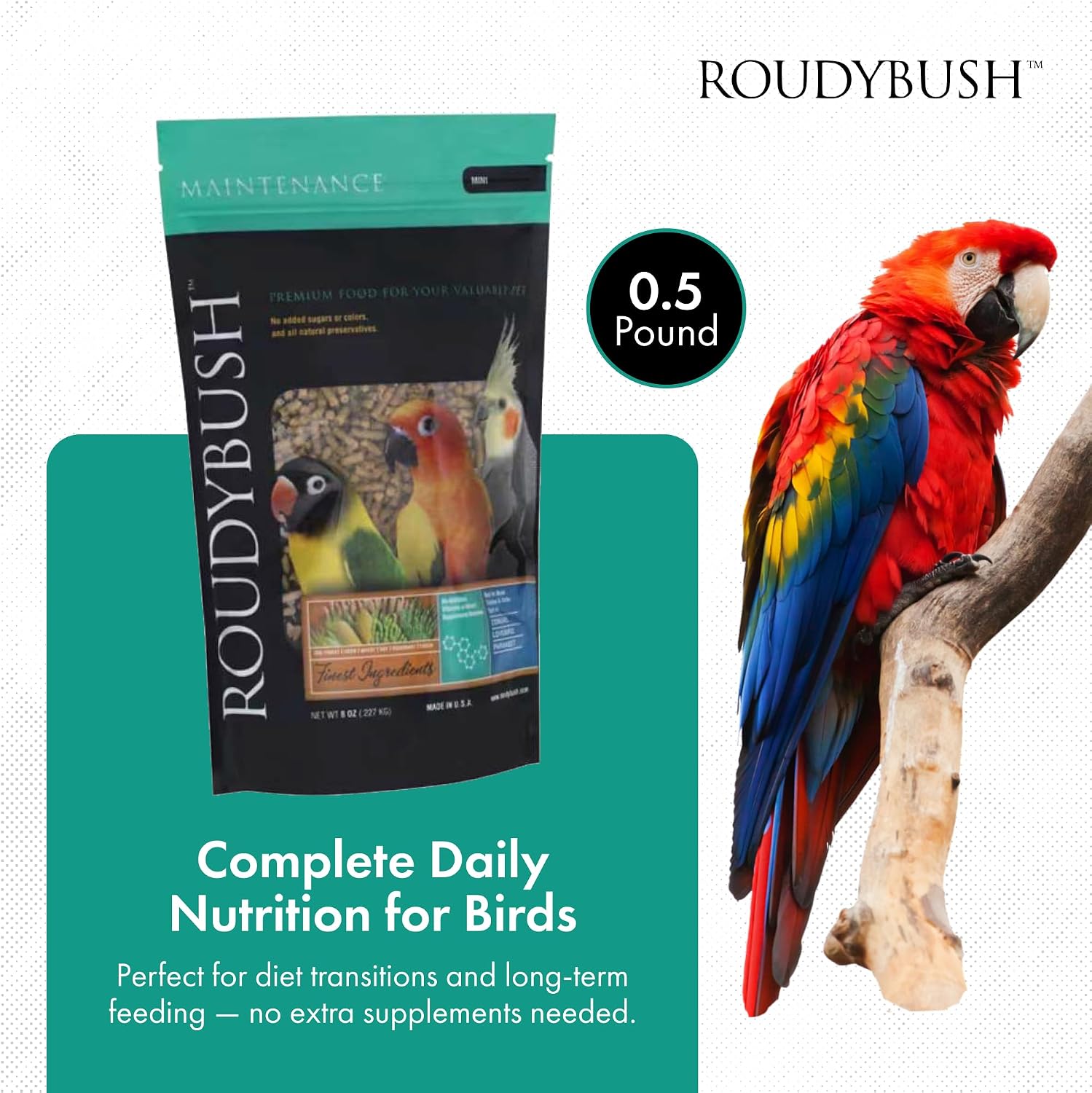 RoudyBush Daily Maintenance Food for Birds - Scientifically Formulated Bird Feed - Bird Food Pellets w/Corn, Wheat, Soy & More - Nutritious & Healthy Feed for Birds (Mini, 44oz)