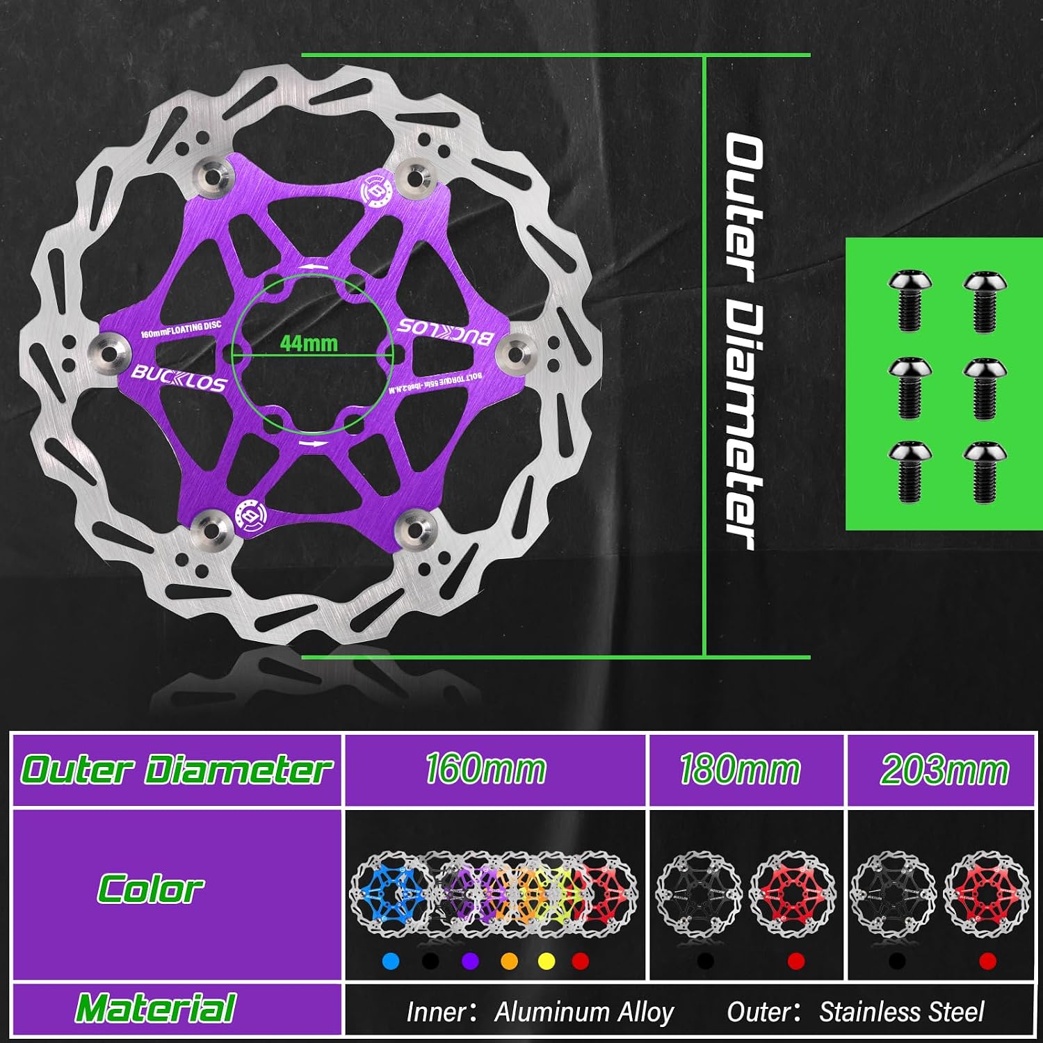 BUCKLOS 160mm 180mm 203mm Floating Disc Brake Rotor, Stainless Steel MTB Brakes Rotors with 6PC Bolts