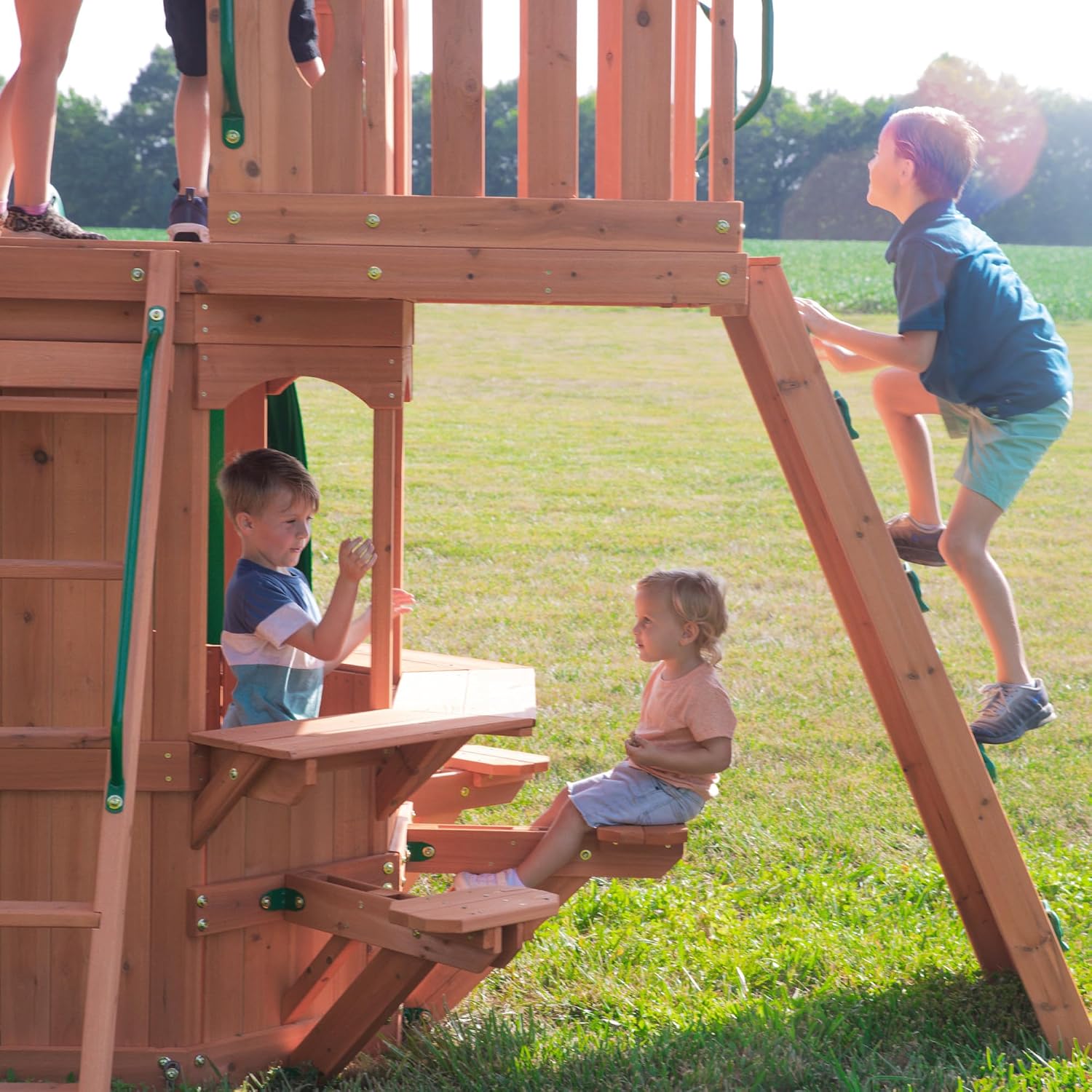 Backyard Discovery Woodland Cedar Wood Swing Set with Wave Slide, Clubhouse, Rock Wall, Snack Bar Station, Benches, Belt Swings, Trapeze, Half Door