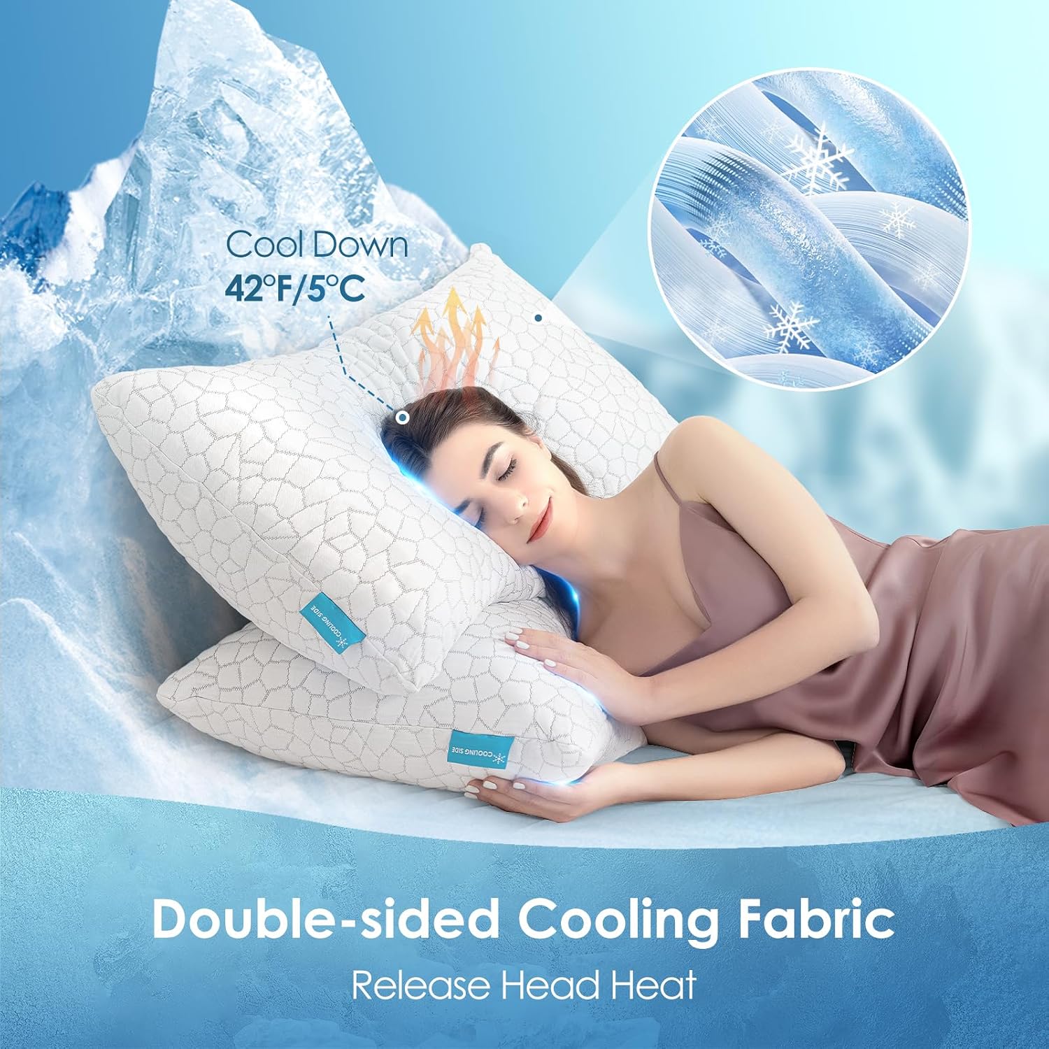 SUPA MODERN Cooling Pillow Queen Size Set of 2, CertiPUR-US Shredded Memory Foam Pillows for Sleeping, Cool Bed Pillows for Hot Sleepers, Adjustable Firm Pillow for Side,Back,Stomach Sleepers