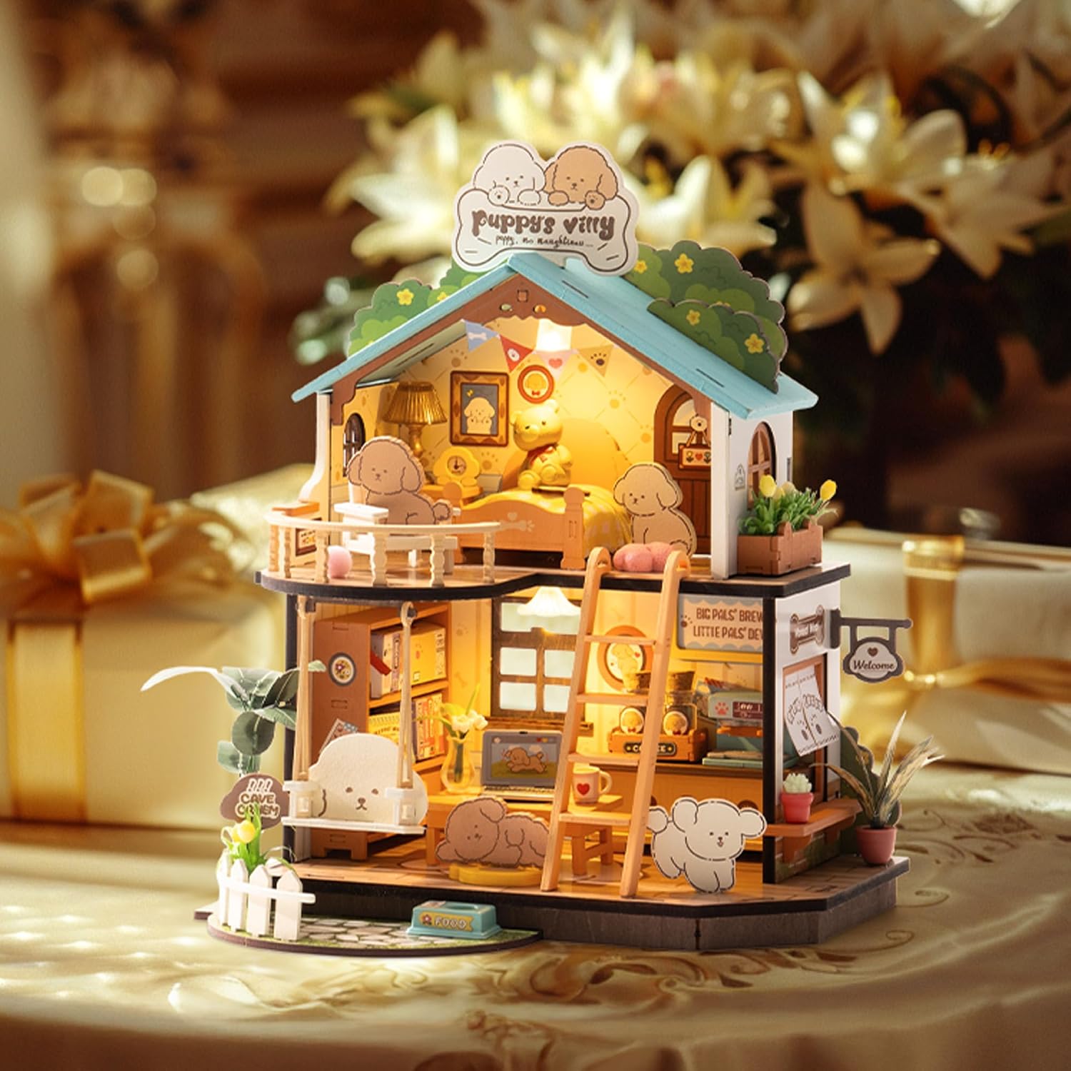 ROBOTIME DIY Miniature House Kit Mini Green House Tiny Dollhouse Wooden Furniture Kit with LED Halloween/Christmas/Birthday Gifts for Adults (Cathy's Greenhouse)