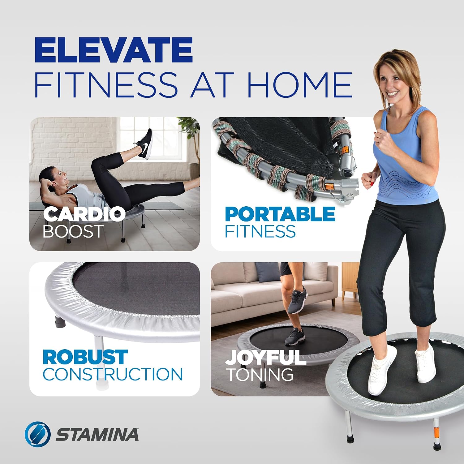 Stamina 36" Foldable Mini Trampoline Rebounder for Adults with Smart Workout App, Black - Portable Fitness Equipment for Home Gym, Cardio and Jumping Training Exercise