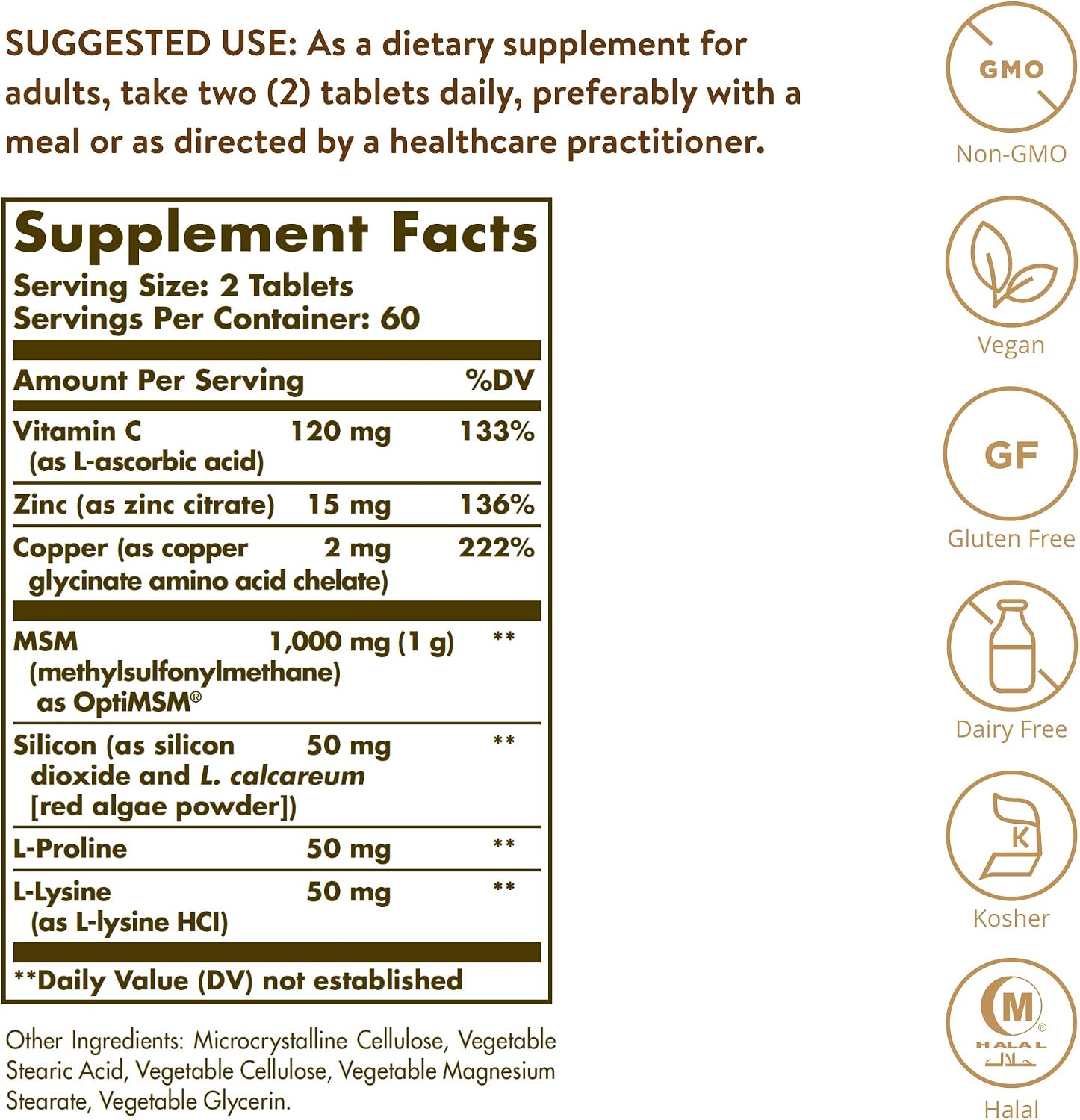 Solgar Skin, Nails & Hair, Advanced MSM Formula, 120 Tablets, Non GMO | Supports Collagen for Hair, Nail and Skin Health, Provides Zinc, Vitamin C & Copper, Vegan, Gluten & Dairy Free - 60 Servings
