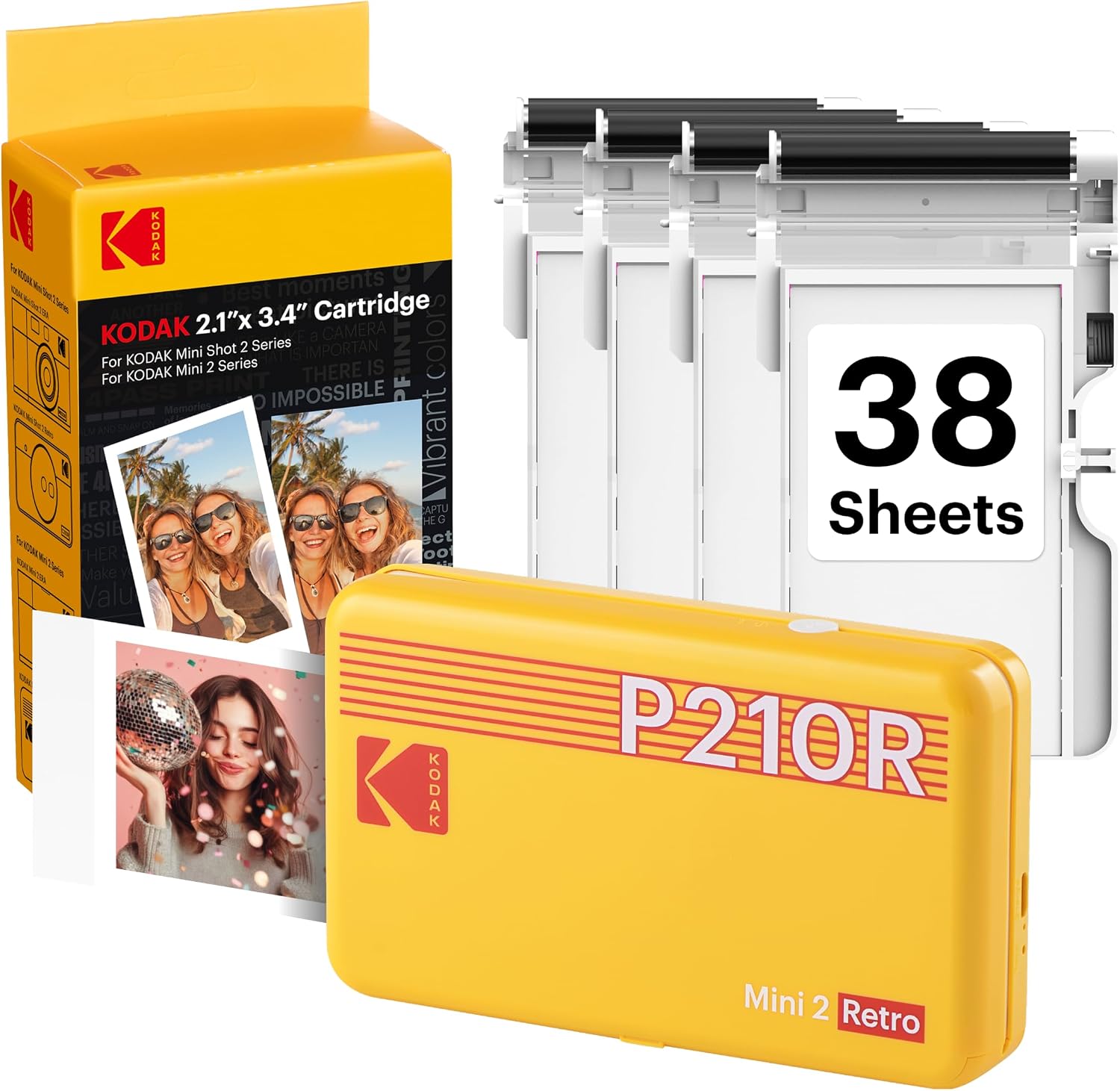 KODAK Mini 2 Retro 2x3 Portable Photo Printer, 4PASS, 38 Sheets, White