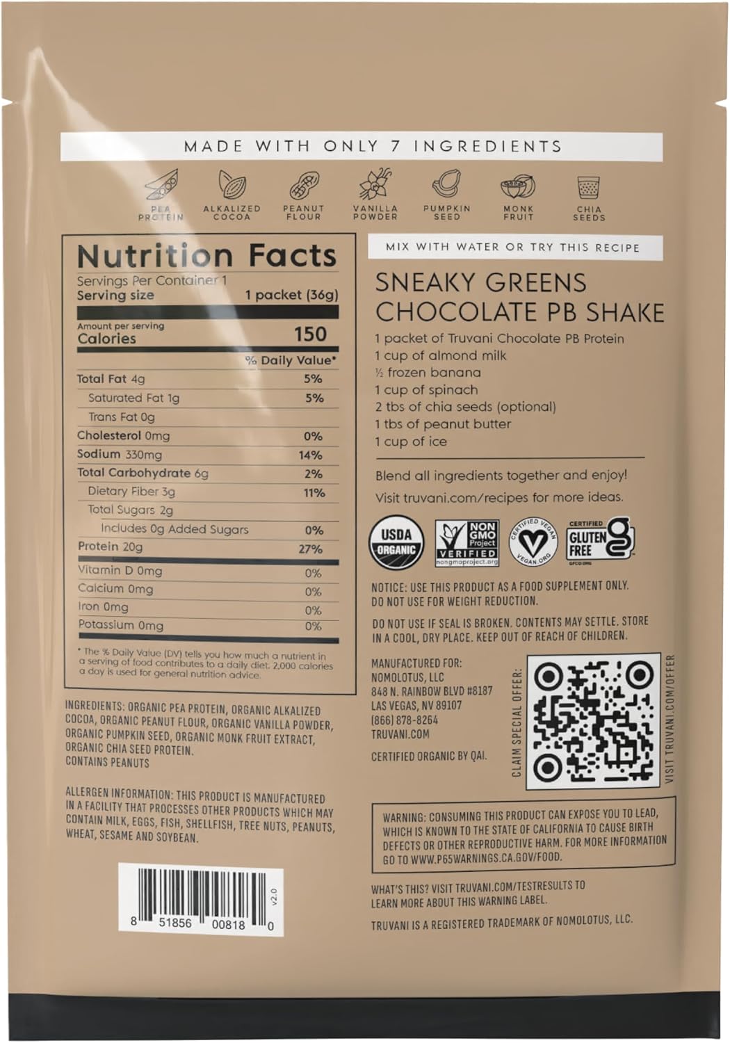 Truvani Organic Plant Based Protein Powder | Chocolate | 1 Serving