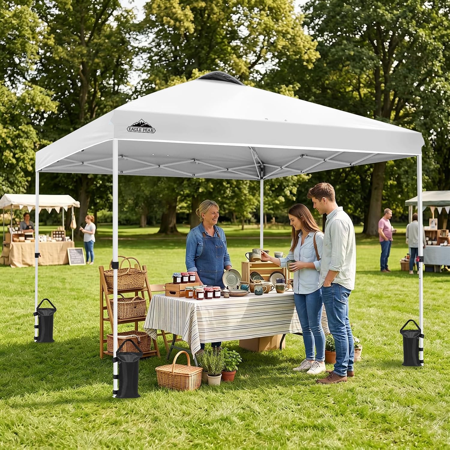 EAGLE PEAK 10x10 Pop Up Canopy Tent Easy Up Canopy Outdoor, White | Patented PeakPush™ Center Lock, 1 Person Setup Portable Pop Up Tent, Beach, Markets, Camping Sport Events, Wheeled Carry Bag