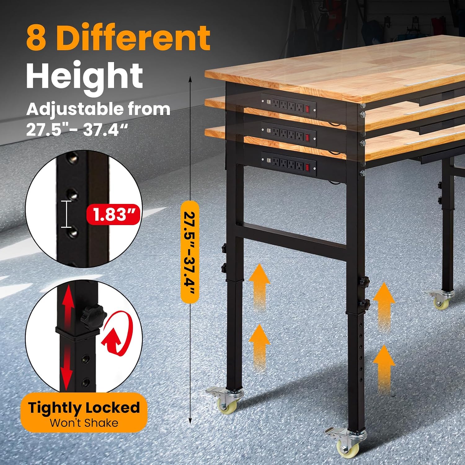 48" Adjustable Workbench, 8-Level Height Adjustable Rolling Work Table with Casters & Scale, Sit & Stand 2-in-1 Garage Tool Table with Pegboard & Hooks, for Workshop, Warehouse, DIY Projects