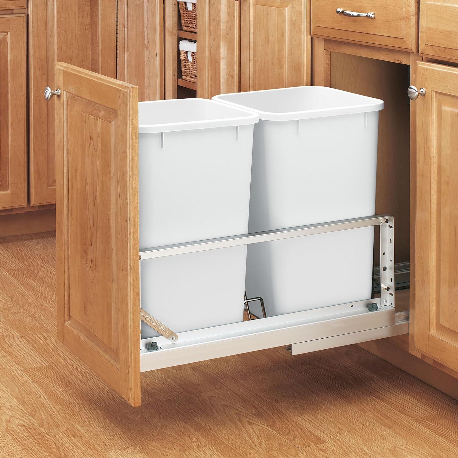 Rev-A-Shelf 35 Qt Aluminum Bottom Mount Double Pullout Waste Container w/Soft-Close for Base Kitchen Cabinets, Min. 15" Opening Width, Silver & White, 5349-15DM18-2