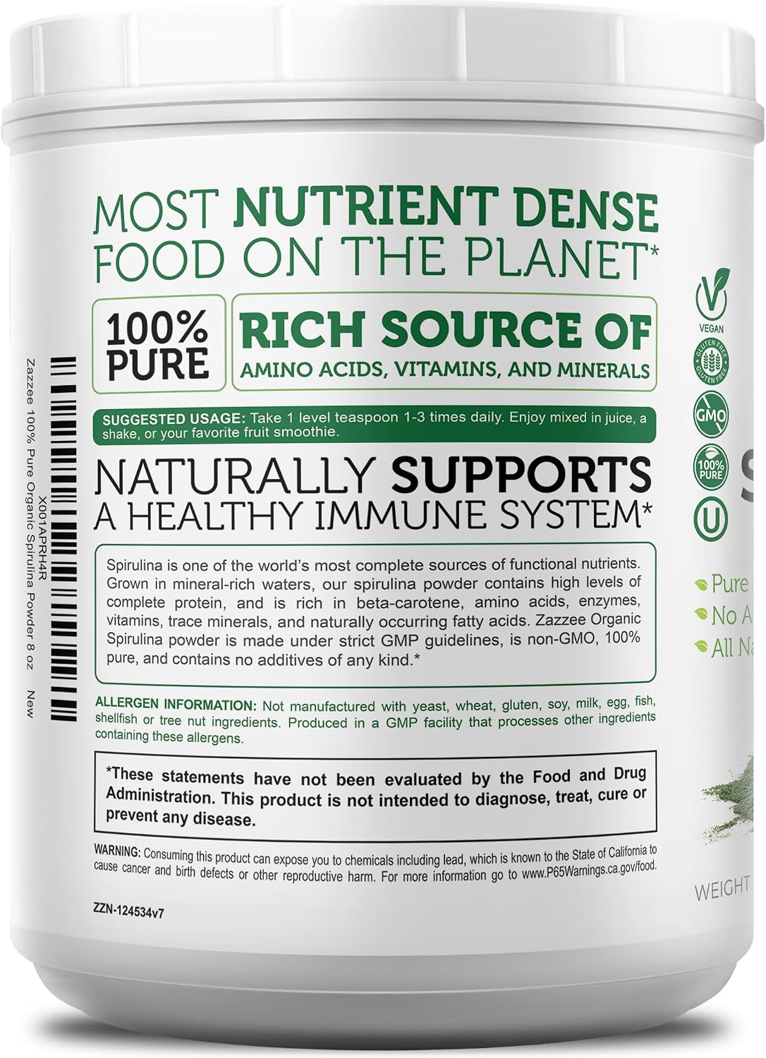 Zazzee USDA Organic Spirulina Powder, 2.2 Pounds (1 KG), 303 Servings | Certified Kosher, 100% Pure, Non-Irradiated, Mess-Free Wide Mouth Container, Fresh Smell, Neutral Taste, Non-GMO, Made in USA