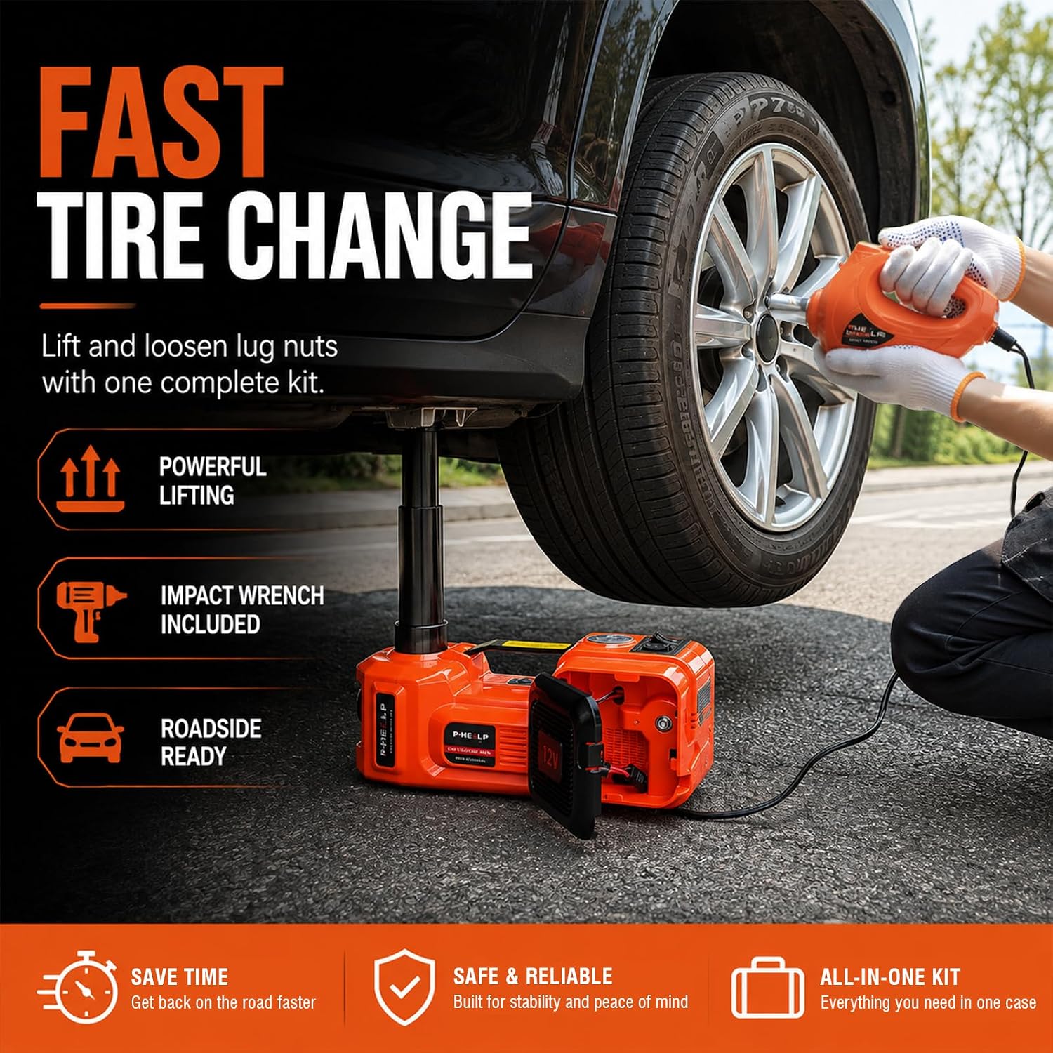 E-HEELP Electric Car Jack Kit 5 Ton 12V with Impact Wrench, 6.1-17.7 in
