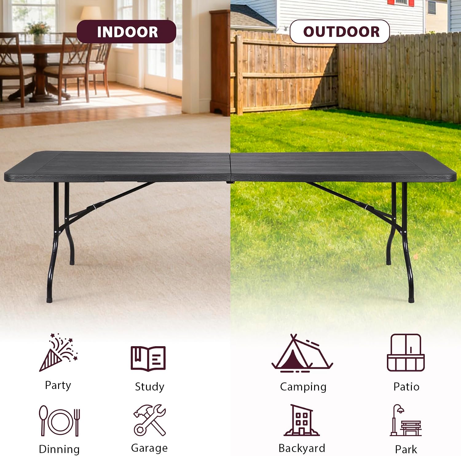 ZenStyle 6 ft Indoor Outdoor Heavy Duty Plastic Folding Table Portable Picnic Table Fold-in-Half Utility Table w/Handle and Steel Legs for Camping