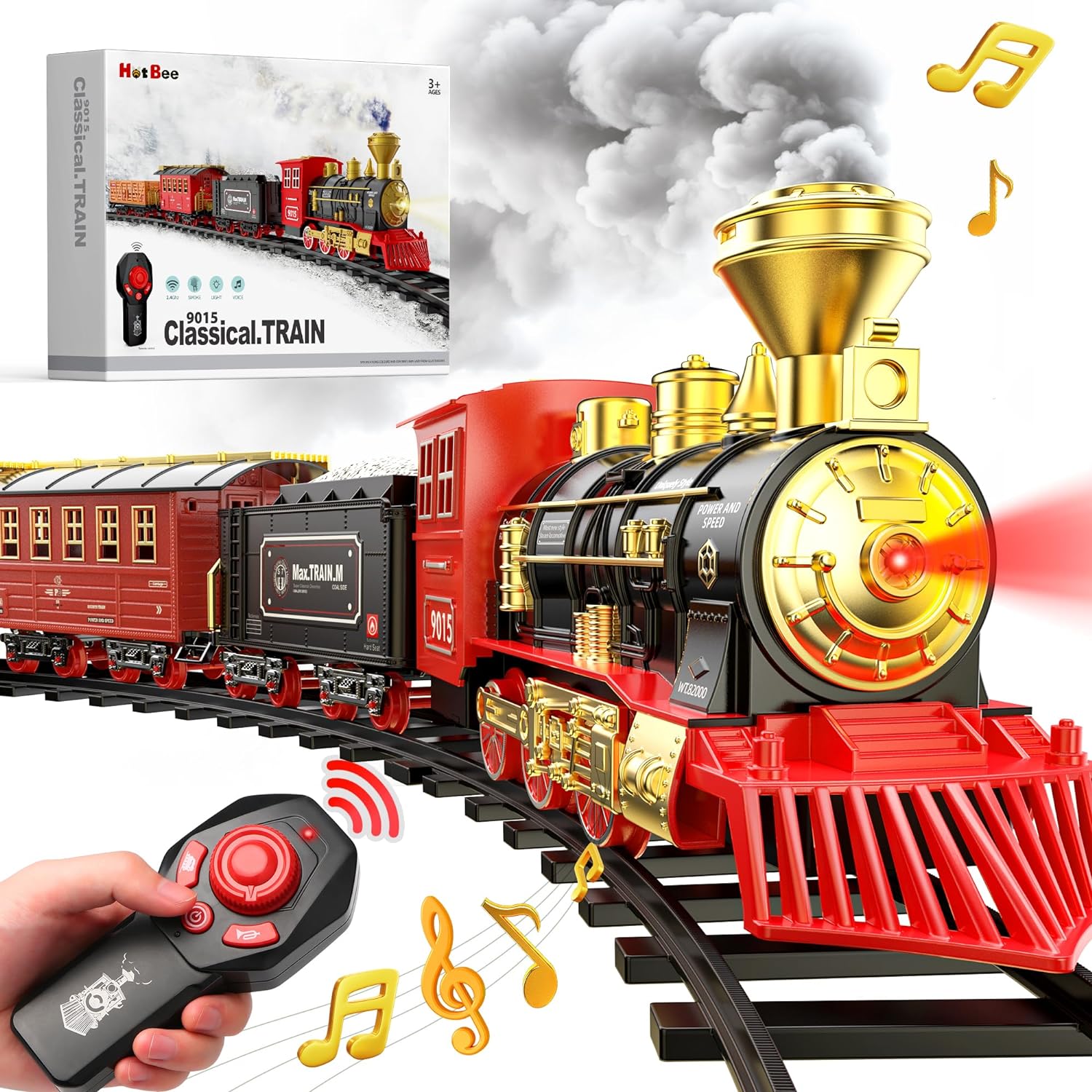 Hot Bee Train Set, Train Toys with Smoke, Lights, Sound and Train Tracks