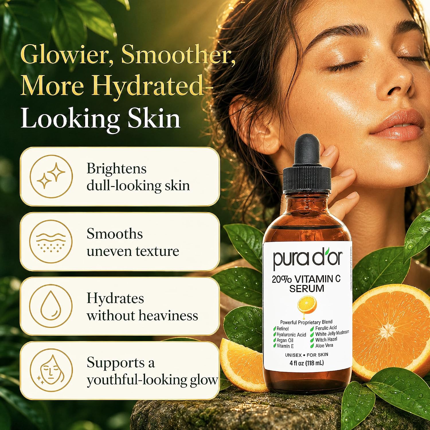 PURA D'OR 20% Vitamin C Anti-Aging Facial Serum, 4 fl oz | Smoother-Looking Texture, pH Balanced, Ferulic Booster, Antioxidant Support, Uneven Tone