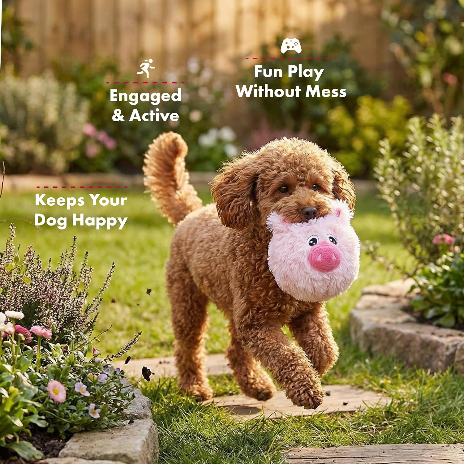 PetLou D.O.G'Z 4-inch EZ Squeaky Pig Dog Plush Toy,Durable Squeaks Bouncy Ball Dog Toy