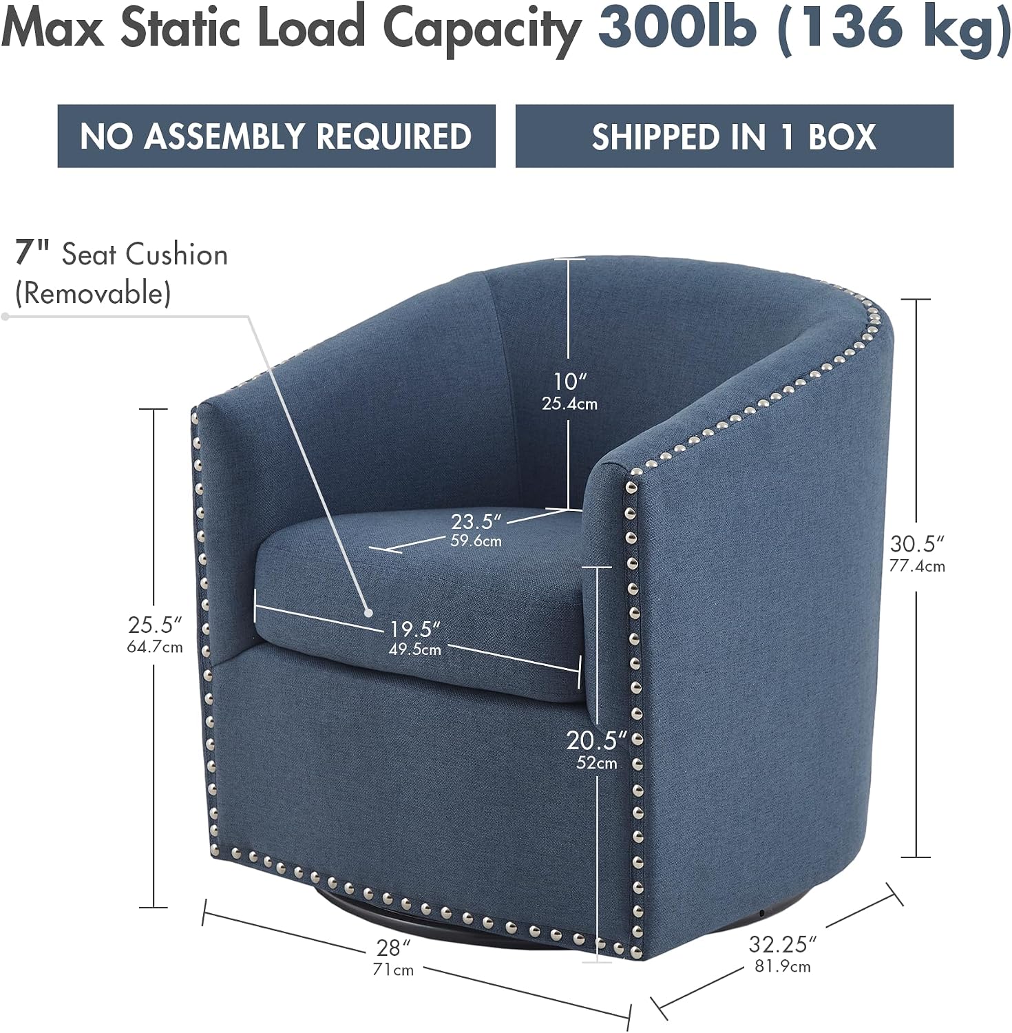 Madison Park Swivel Barrel Accent Chair, Upholstered Curved Back with 7-Inch Thick Woven Cushion, 360° Swivel, Nailhead Trim, Comfy Chair for Living Room, Bedroom, Office, 28" Wide, Neutral, Tyler