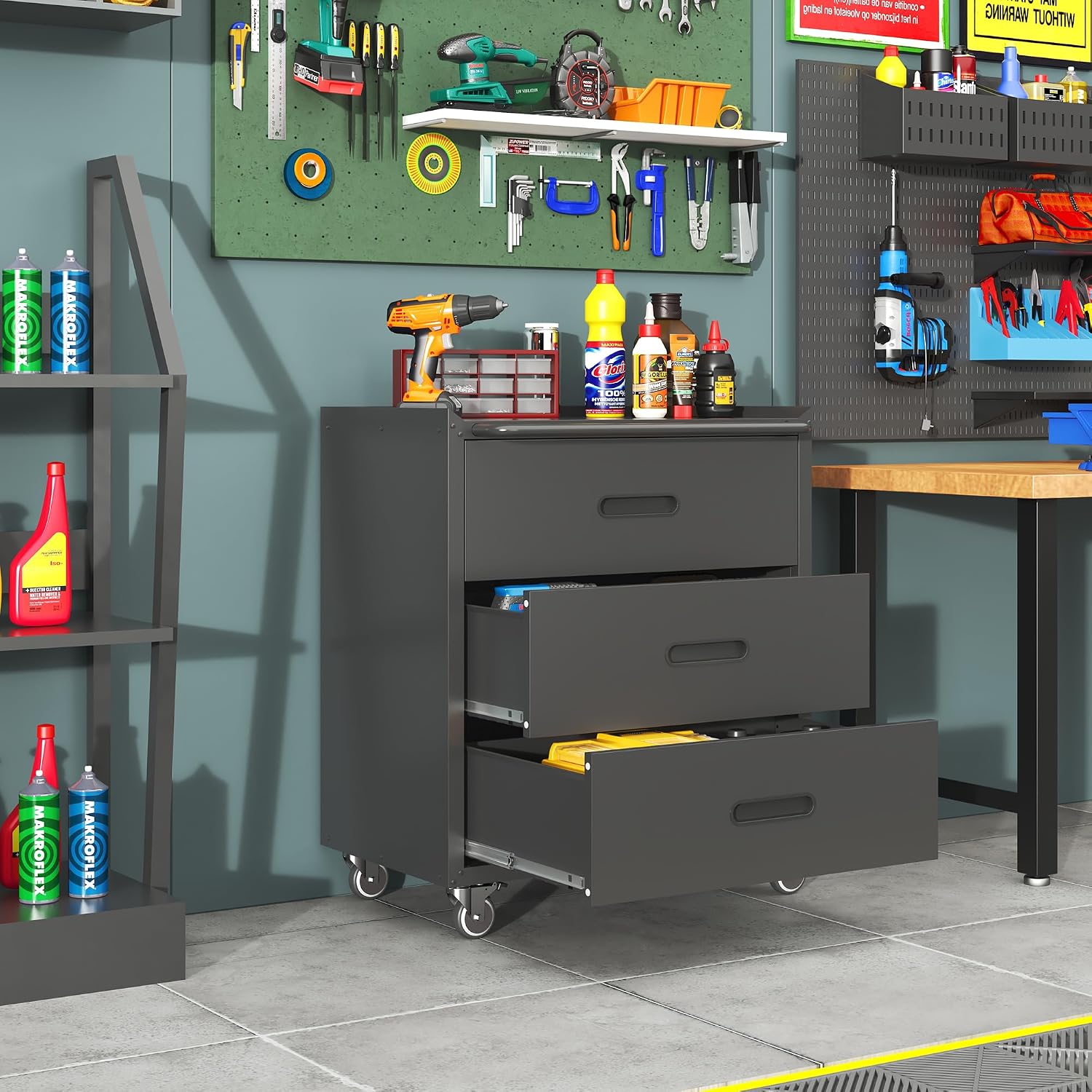 Garage Cabinets,Metal Garage Storage Cabinet with Wheels,Black Lockable Rolling Tool Cabinet with Drawer and Adjustable Shelves,Heavy Duty Tool Chest for Home Office Utility Room