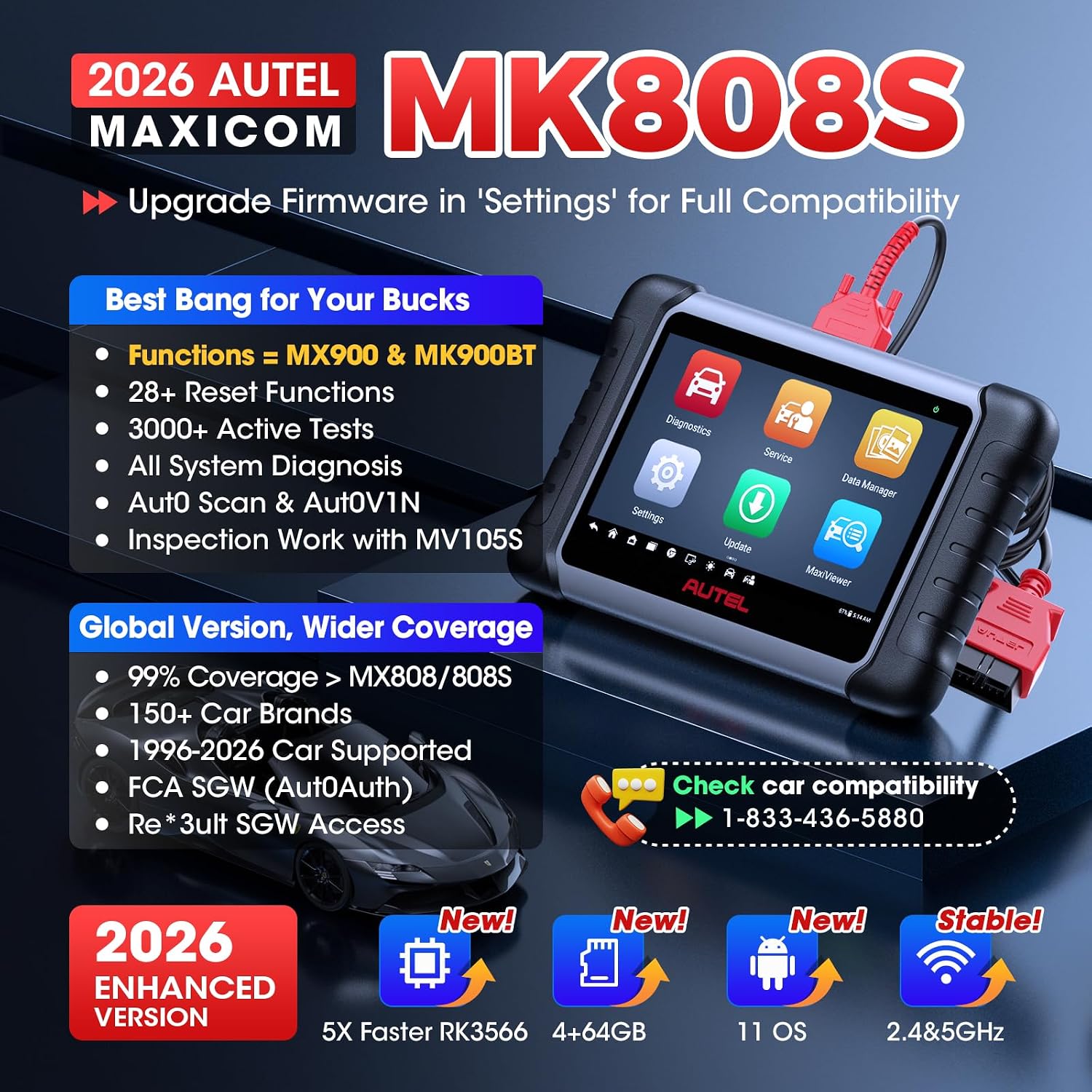 Autel Scanner MaxiCOM MK808S Bidirectional Tool, 28+ Hot Service All System | 3000+ Active Tests as MK900-BT