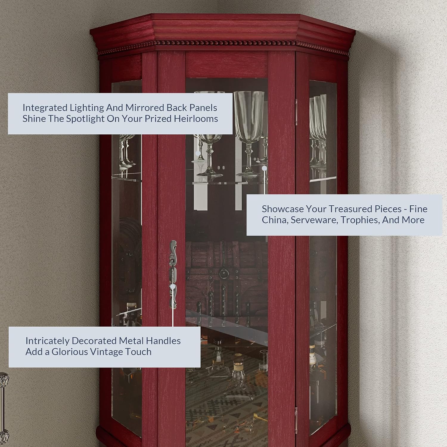BELLEZE Lighted Wooden Corner Display Curio Cabinet, Two Section Shelving Unit with Tempered Glass Door
