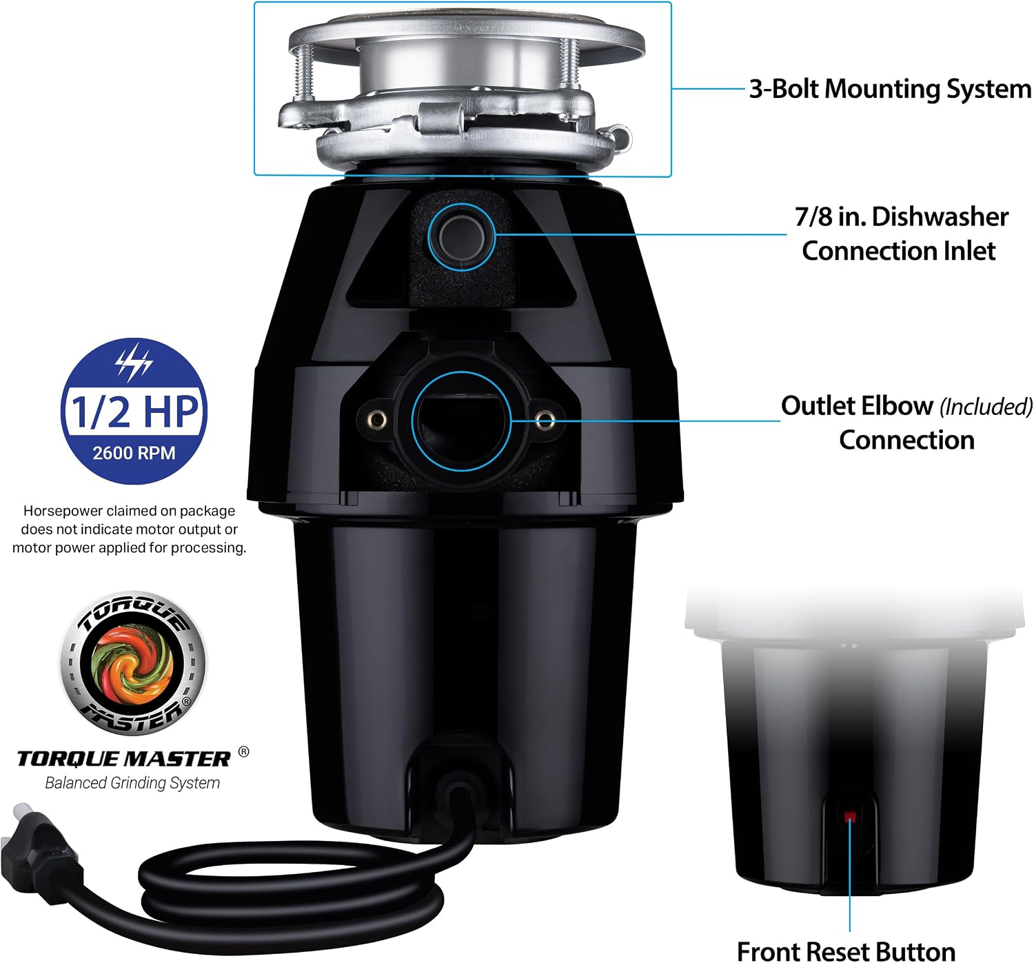 Eco Logic 1/3 HP Garbage Disposal, Universal 3-Bolt Mount, Power Cord
