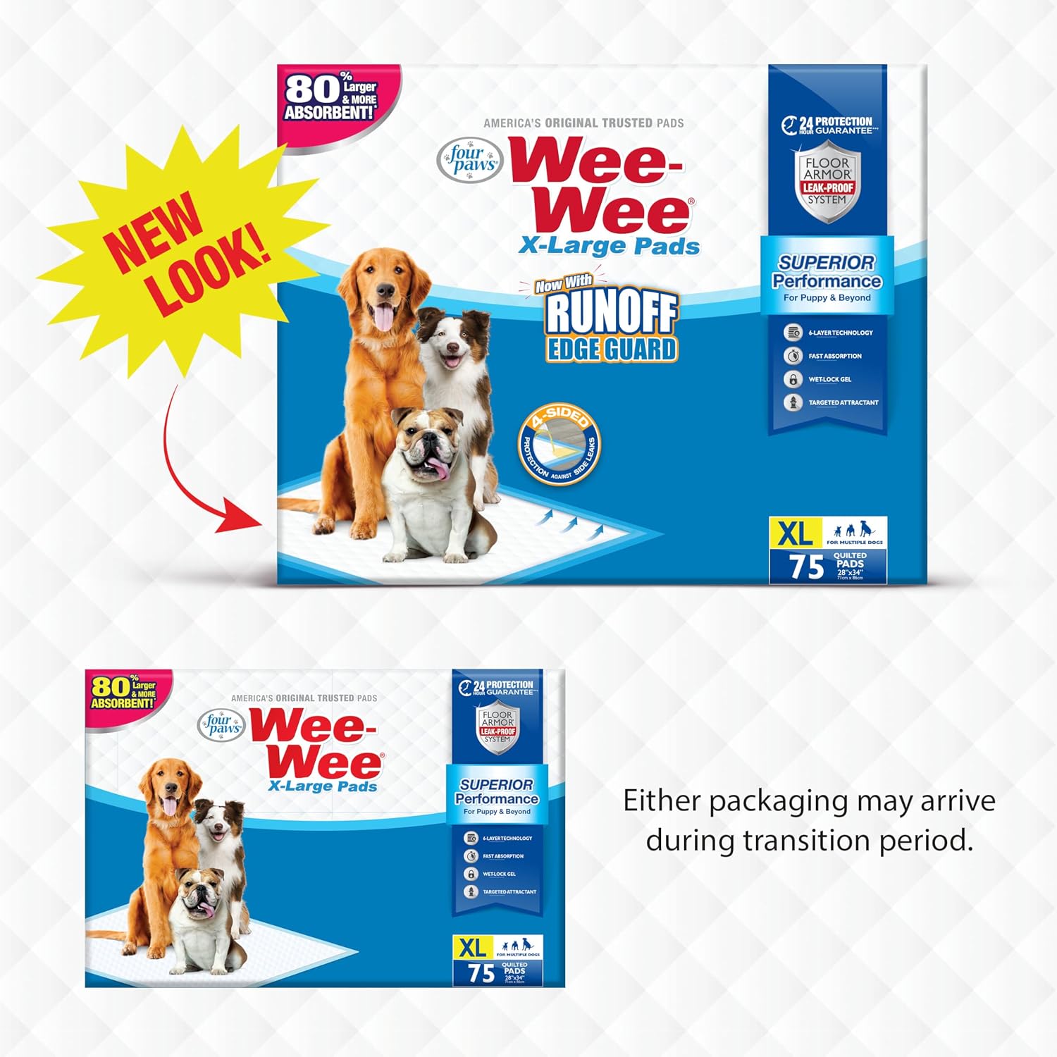 Four Paws Wee-Wee Superior Performance X-Large Dog Pee Pads, 40 Count | Puppy & dog potty training pads, housebreaking supplies, xl puppy pads, pet supplies, 24-hour floor protection, 28" x 34"