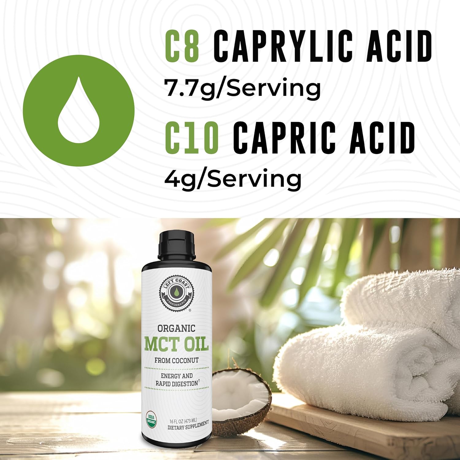 100% Coconut MCT Oil Liquid, 32 Fl Oz | MCT Oil C8 C10 for Sustained Mental Energy & Focus - Support Great for Smoothies Salads Coffee - Palm Free, Keto Friendly