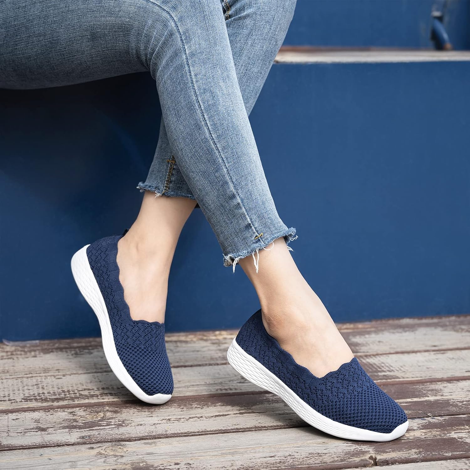 poemlady Women's Walking Shoes Slip On Knit Mesh Loafers Round Toe Flat
