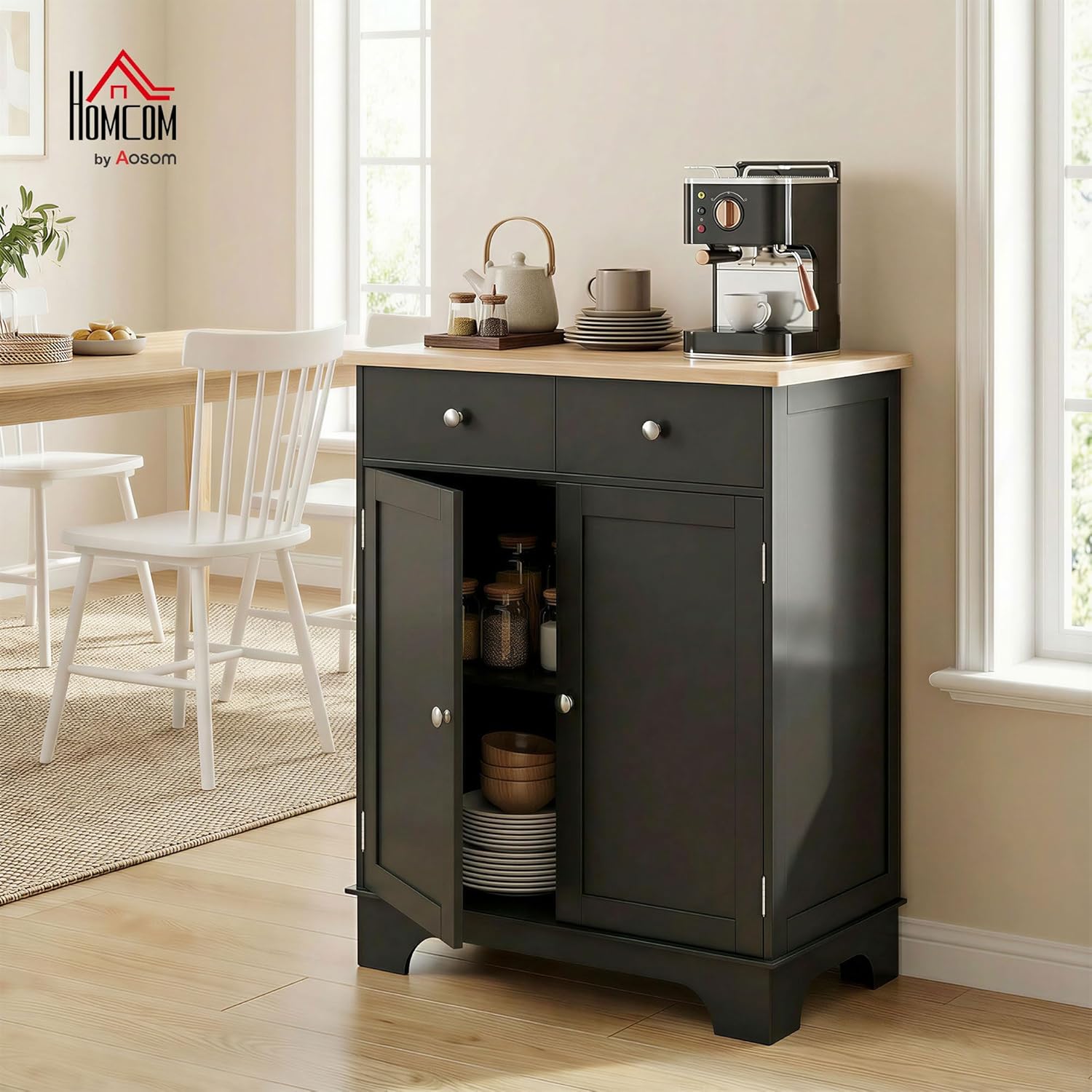 HOMCOM Sideboard Buffet Cabinet Solid Wood Countertop White