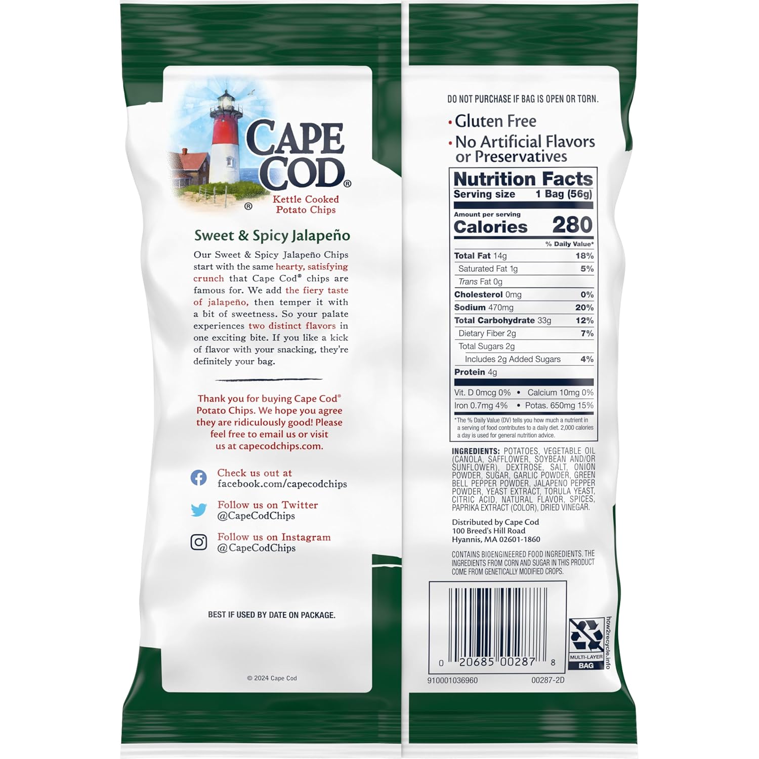 Cape Cod Sweet & Spicy Jalapeno Chips, 7.5 Oz Bag