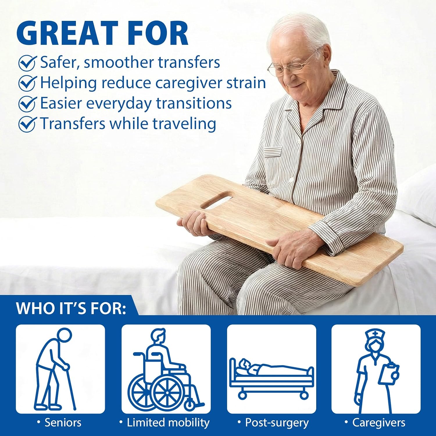 Blue Jay Slide Boards for Transfers - 30" Wooden Transfer Boards for Wheelchair - 8" x 30" Patient Assist Device for Car, Bed, Chair & Seniors - Smooth Surface & Tapered Ends