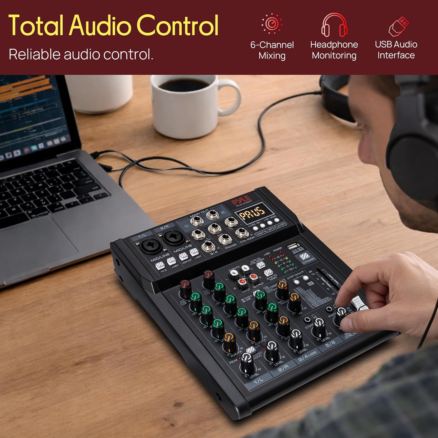 Pyle Professional Wireless DJ Audio Mixer - 4 Channel Bluetooth Controller Sound Mixer, USB Audio Interface