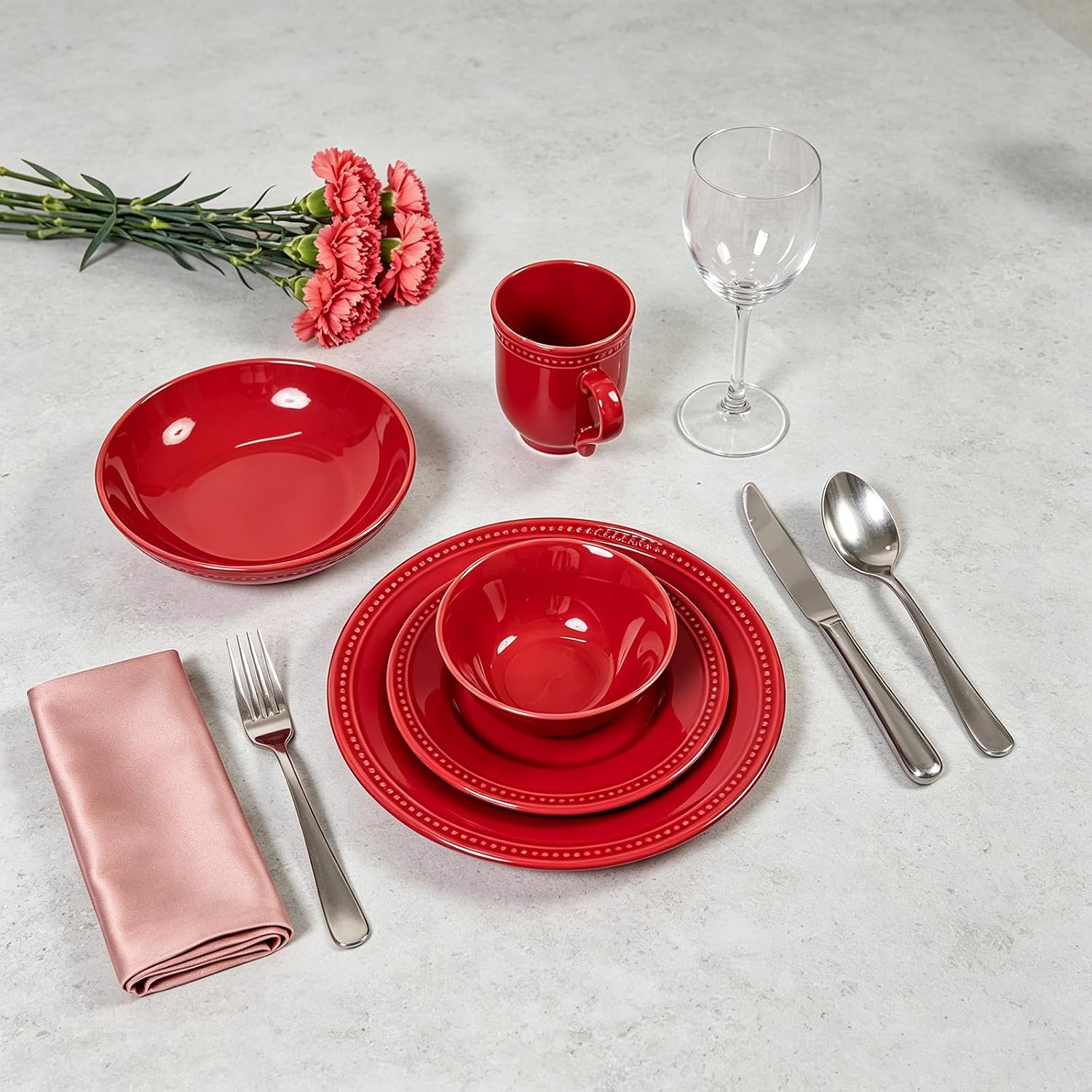 HomeVSS 20-Piece Pearl Dots Stoneware Dinnerware Set, Pink, Service for 4