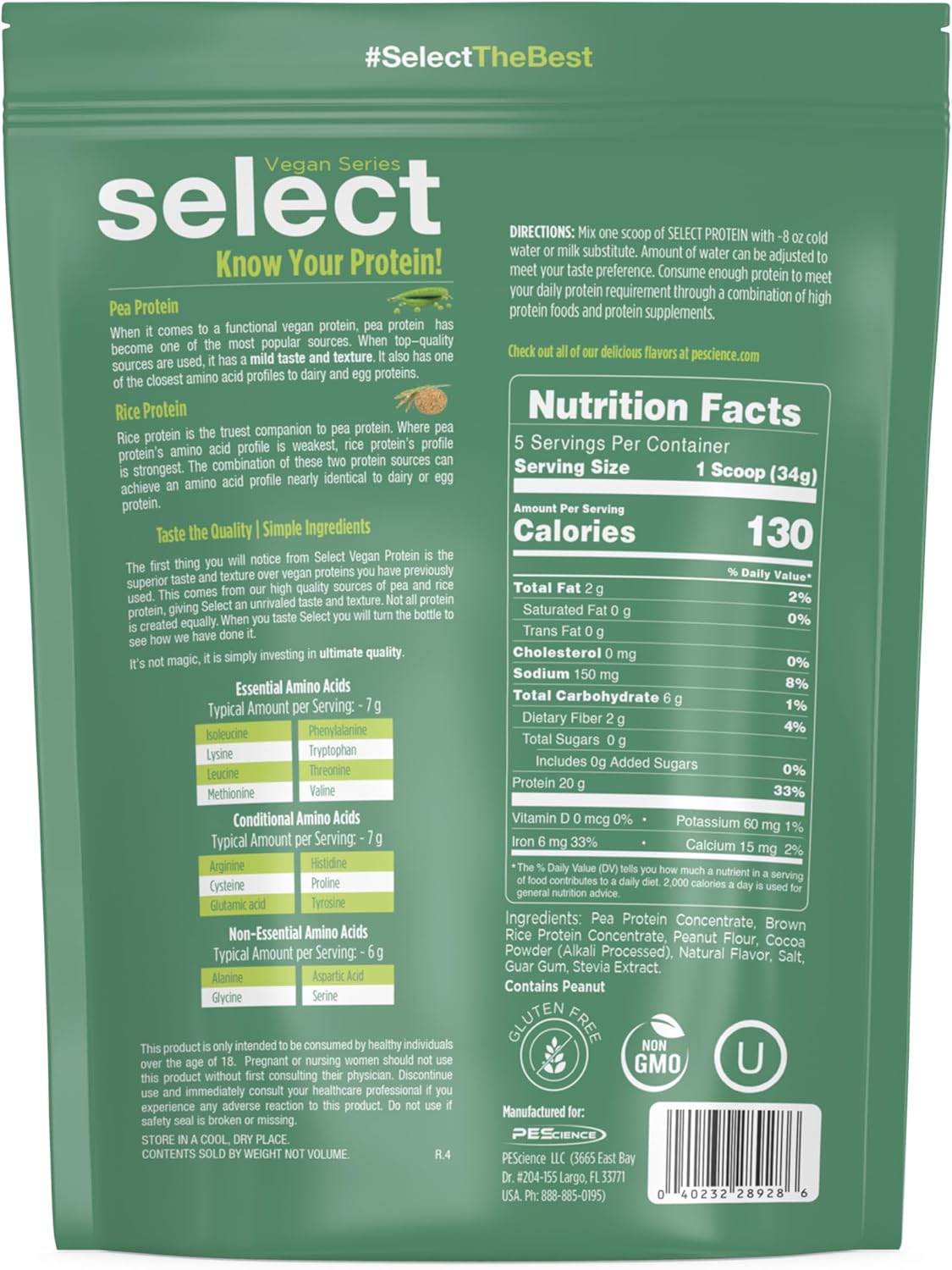 PEScience Select Vegan Protein Powder, Peanut Butter Delight, 27 Servings | Plant Based Protein Powder, Pea and Brown Rice Blend, Dairy Free, Lactose Free, Gluten Free