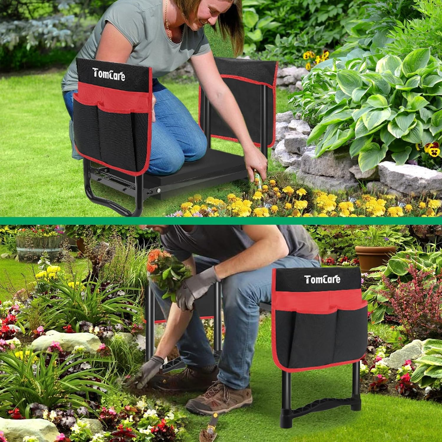 TomCare Garden Kneeler and Seat, 11.12" Kneeling Pad Sturdy Garden Bench | Heavy Duty Garden Stool, 450 lbs Load Capacity, 2 Tool Pouches, Foldable Design, Gardening Gift for Women, Men and Gardeners