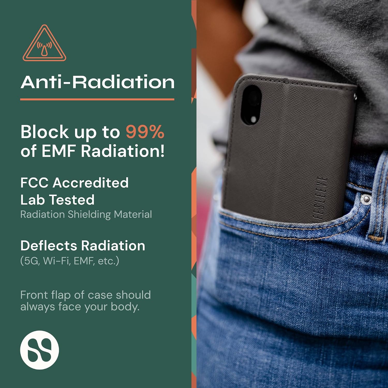SafeSleeve EMF Blocking Wallet Case for iPhone 6/7/8, Black | EMF Blocker, Card Data Protection, Magnetic Closure, Leather Folio Protection for Daily Use