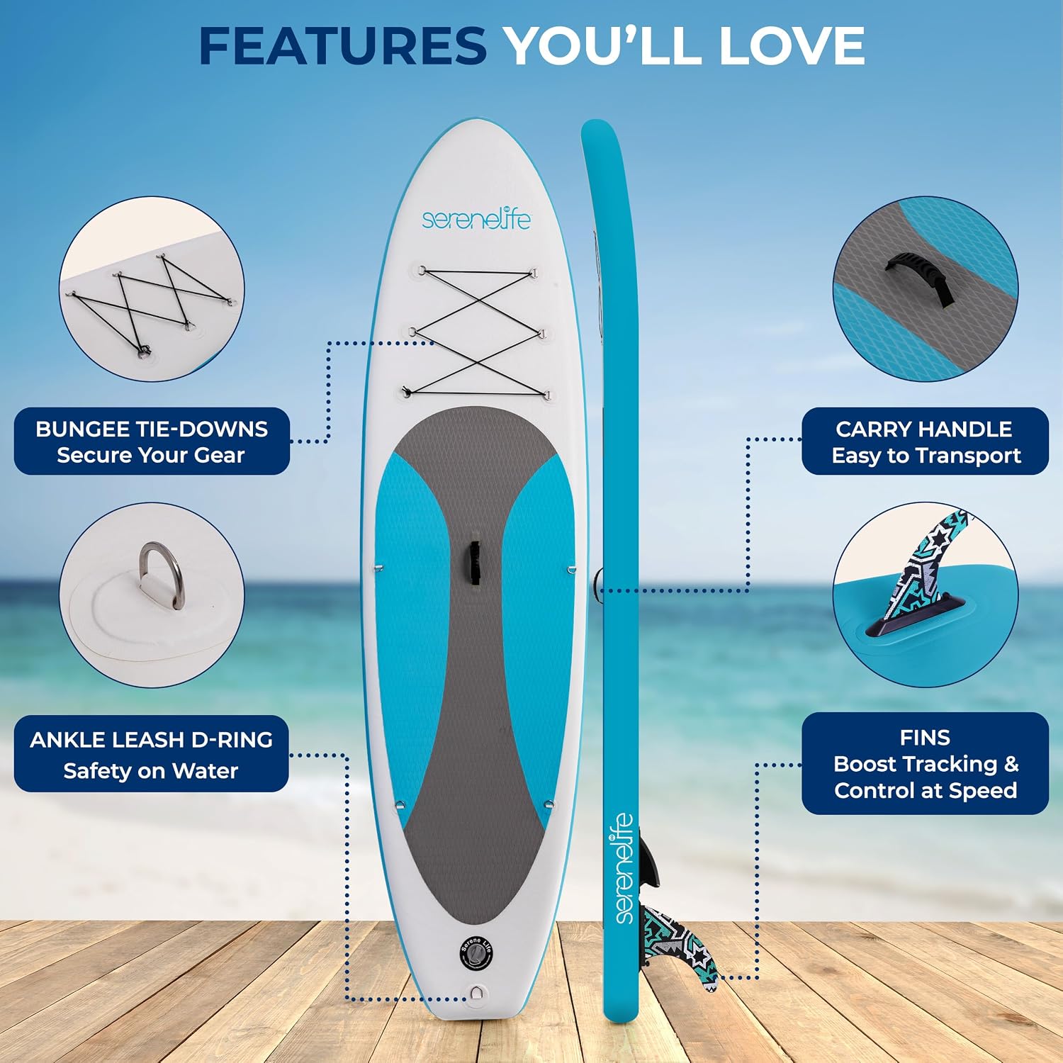 SereneLife 10’ Inflatable Stand Up Paddle Board with Premium SUP Accessories - Wide Stable Design with Non-Slip EVA Deck Pad, for Youth and Adults, 350 lbs. Capacity