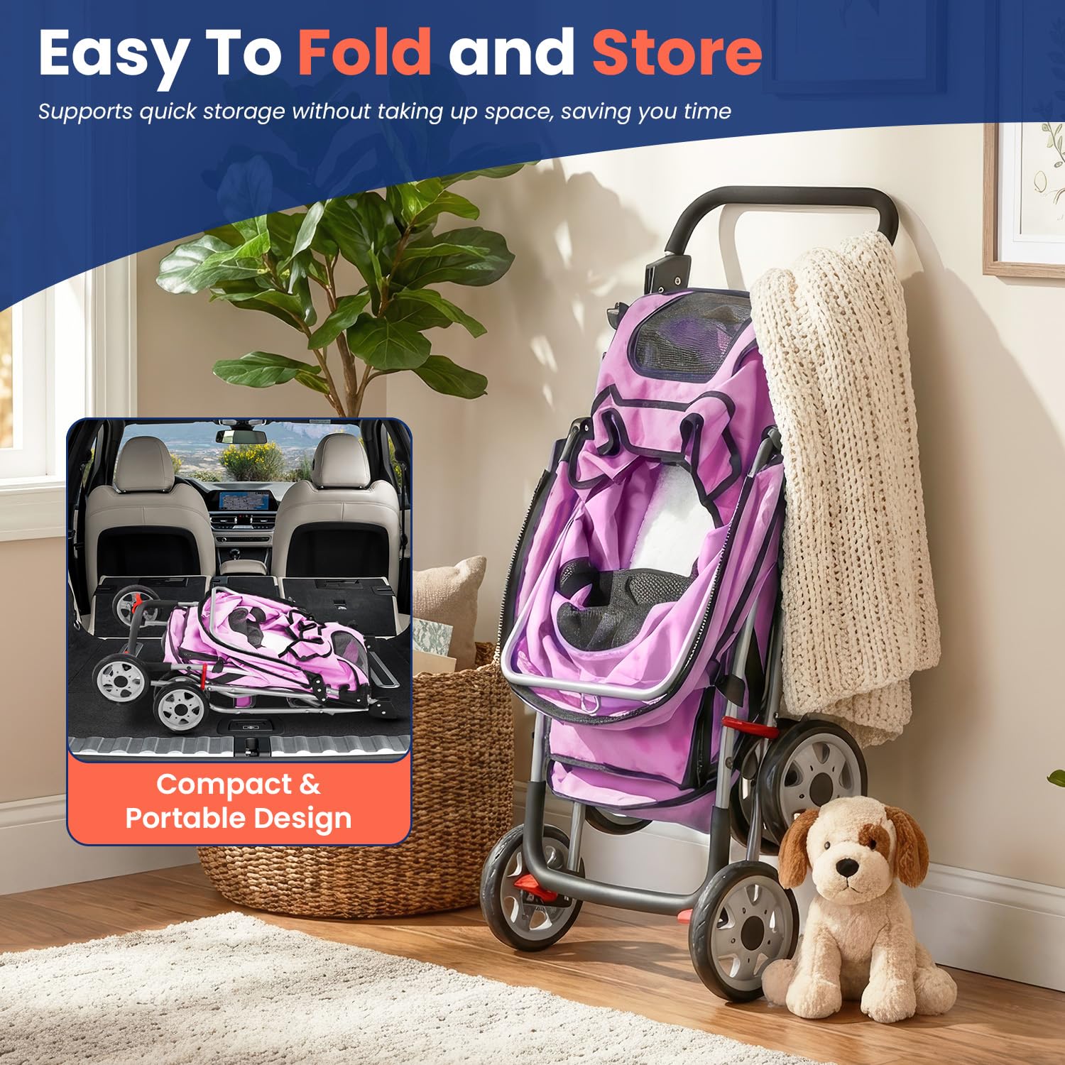 BestPet | 4-Wheel Foldable Pet Stroller | Black | Lightweight & Portable | Travel Carrier with Mesh Windows, Storage Basket, Cup Holder, Safety Brakes, and Waterproof Fabric | For Small Dogs and Cats