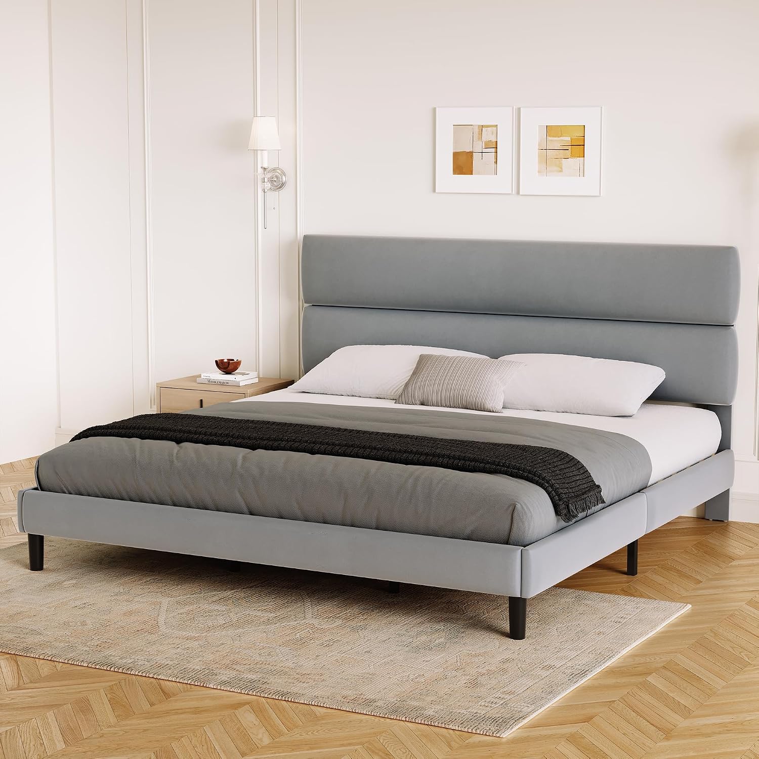 GRUSIGN Queen Size Platform Bed Frame with Velvet Headboard, Adjustable Height Wooden Slats Support, Upholstered Mattress Foundation, Fits Mattress or Mattress with Box Spring, Easy Assembly, Beige