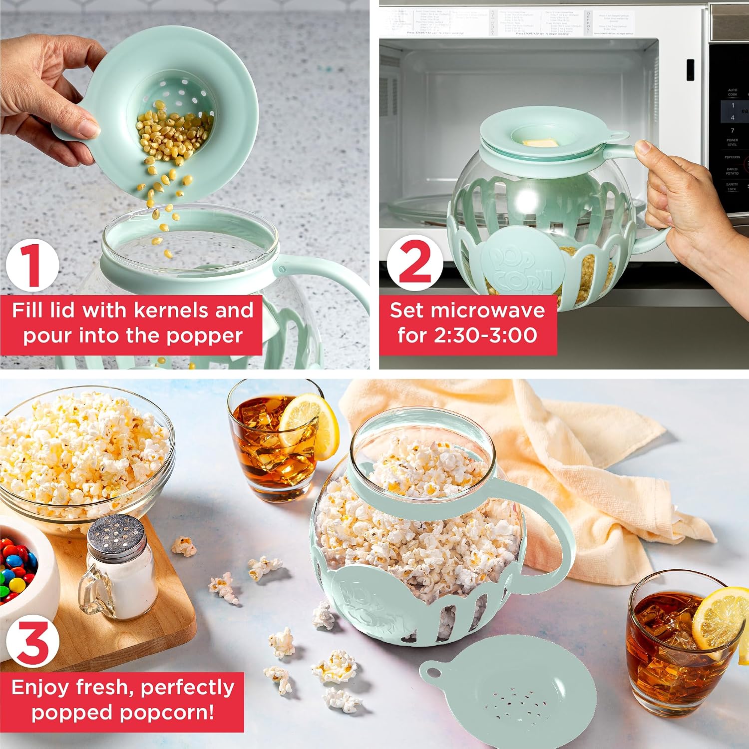 Ecolution Patented Micro-Pop Microwave Popcorn Popper with Temperature Safe Glass, 3-in-1 Lid Measures Kernels and Melts Butter, Made Without BPA, Dishwasher Safe, 3-Quart, Red