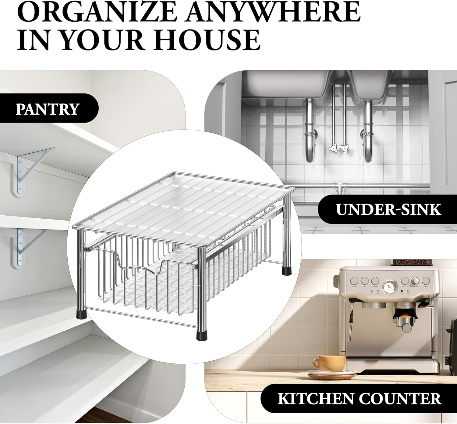 Simple Houseware Stackable 3 Tier Sliding Basket Organizer Drawer, Chrome