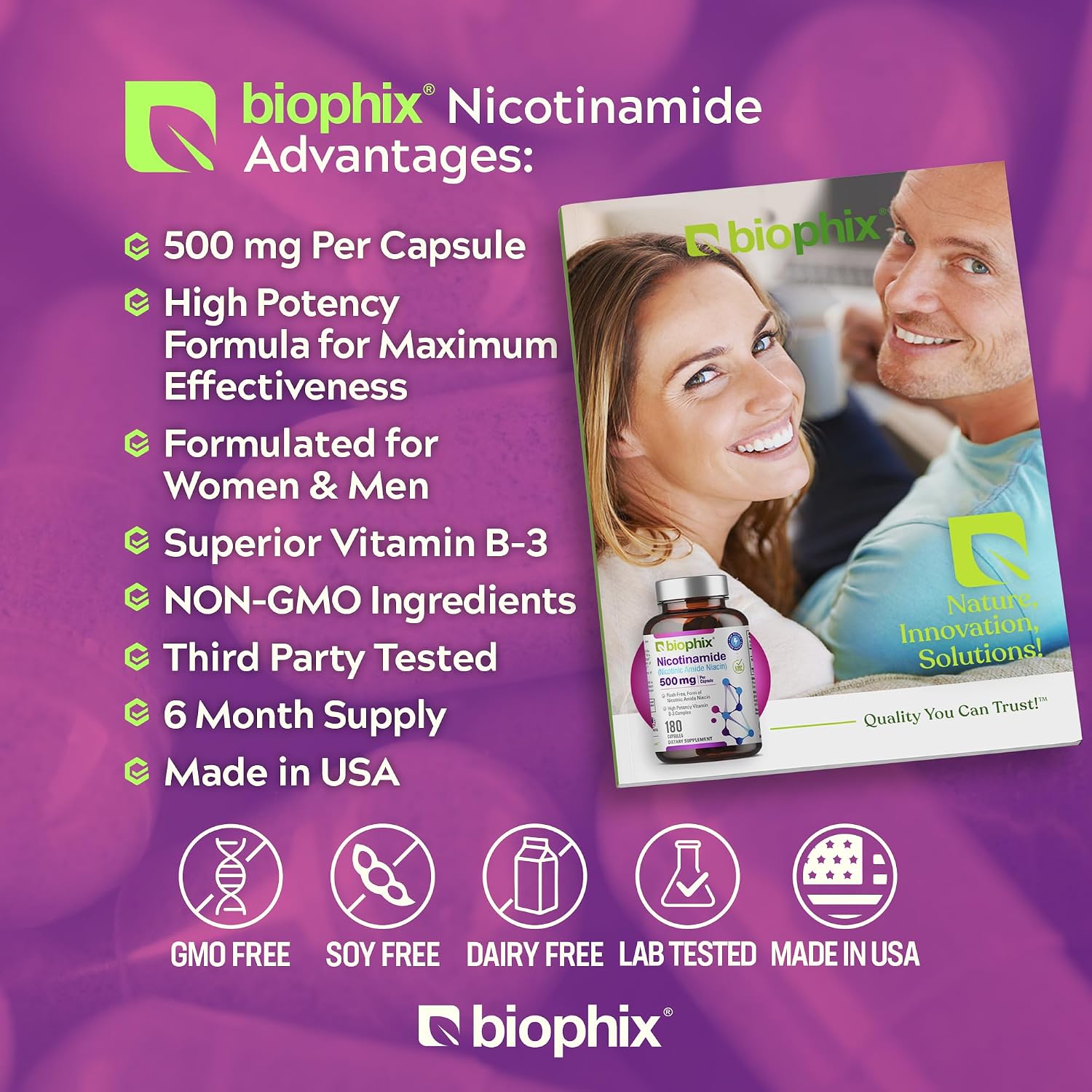 biophix B-3 Nicotinamide 500 mg 180 Caps - Nicotinic Amide Niacin Natural Flush-Free Vitamin Formula - Supports Skin Cell Health