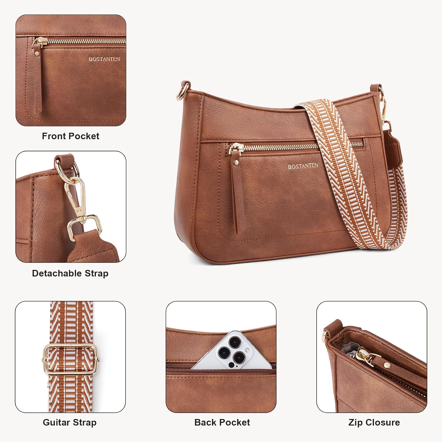 BOSTANTEN Crossbody Purses for Women Medium Shoulder Bag Quilted Handbags with Zipper Pocket